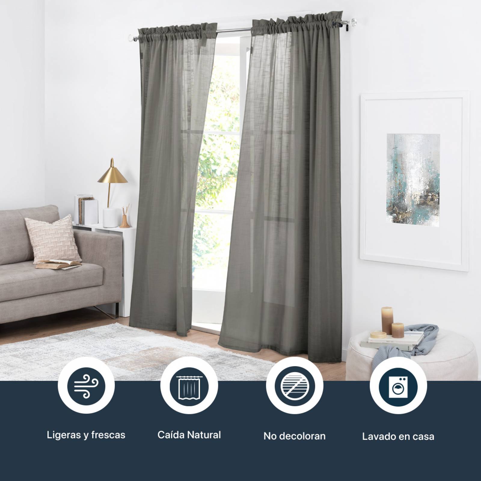 Cortina Translúcida Tipo Lino - 2.70m X 2.30m Gris oscuro ESQUIMAL