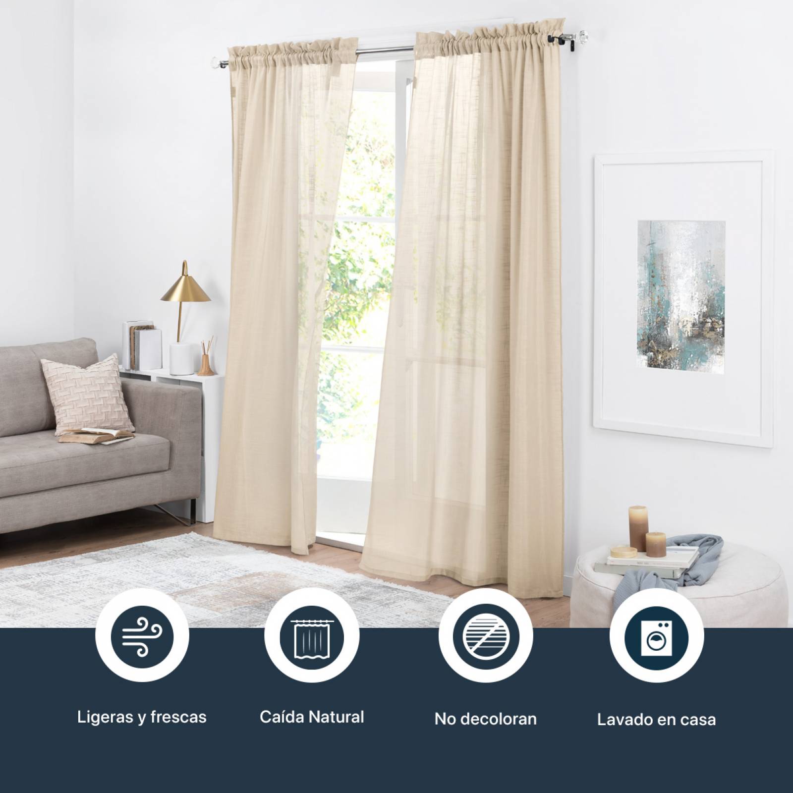 Cortina Translúcida Tipo Lino - 2.70m X 2.30m Beige ESQUIMAL