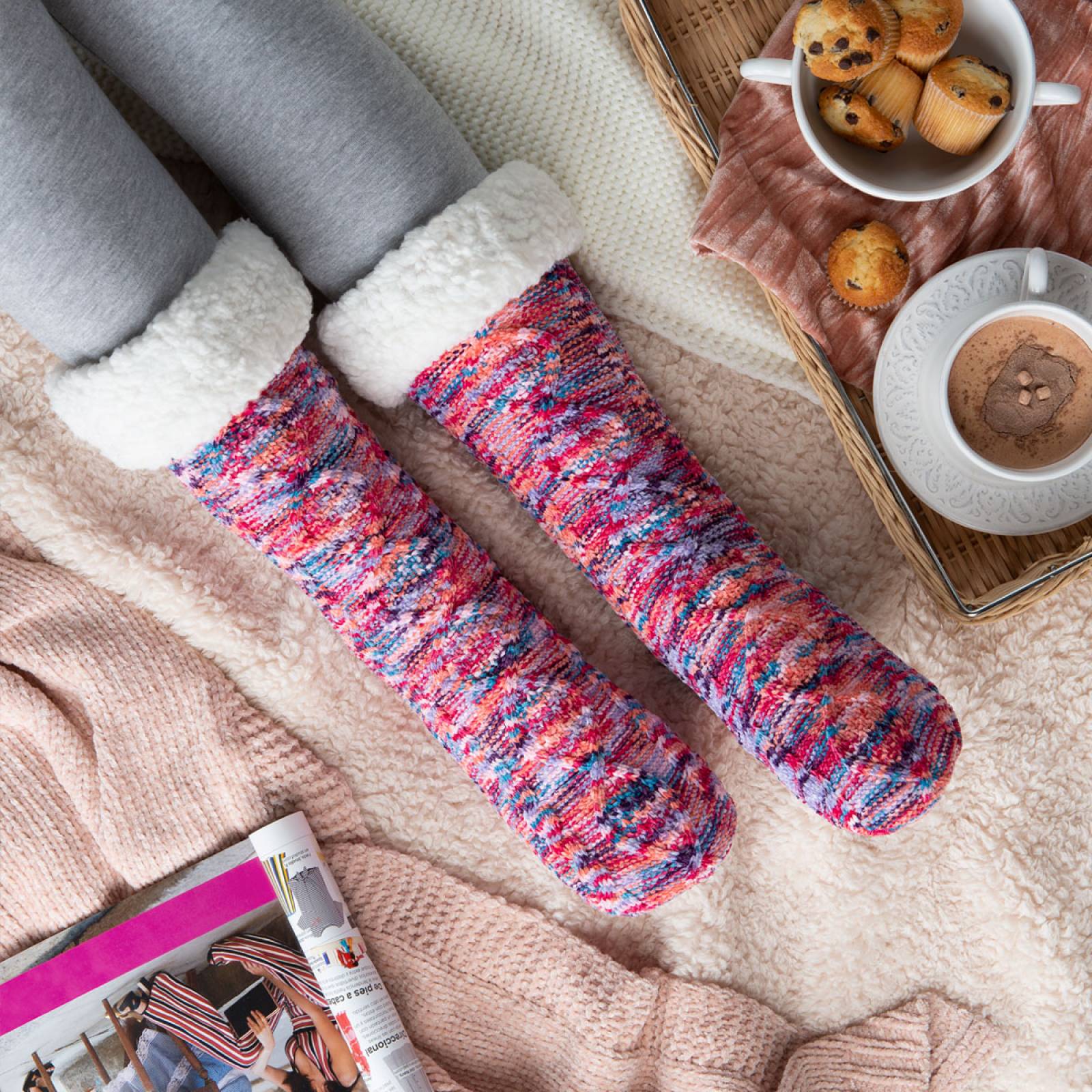 Calcetines Invernales Térmicos Borrega/ Antiderrapante 1 Par Multicolor REAL TEXTIL