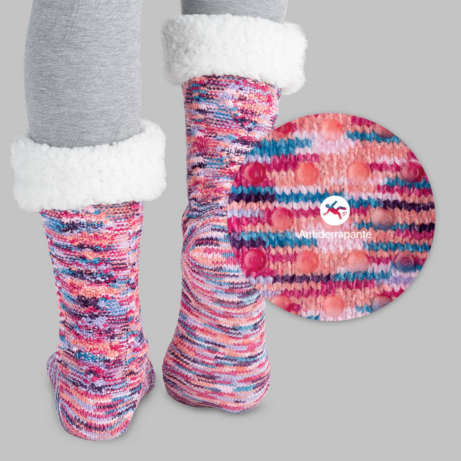 Calcetines Invernales Térmicos Borrega/ Antiderrapante 1 Par Multicolor REAL TEXTIL