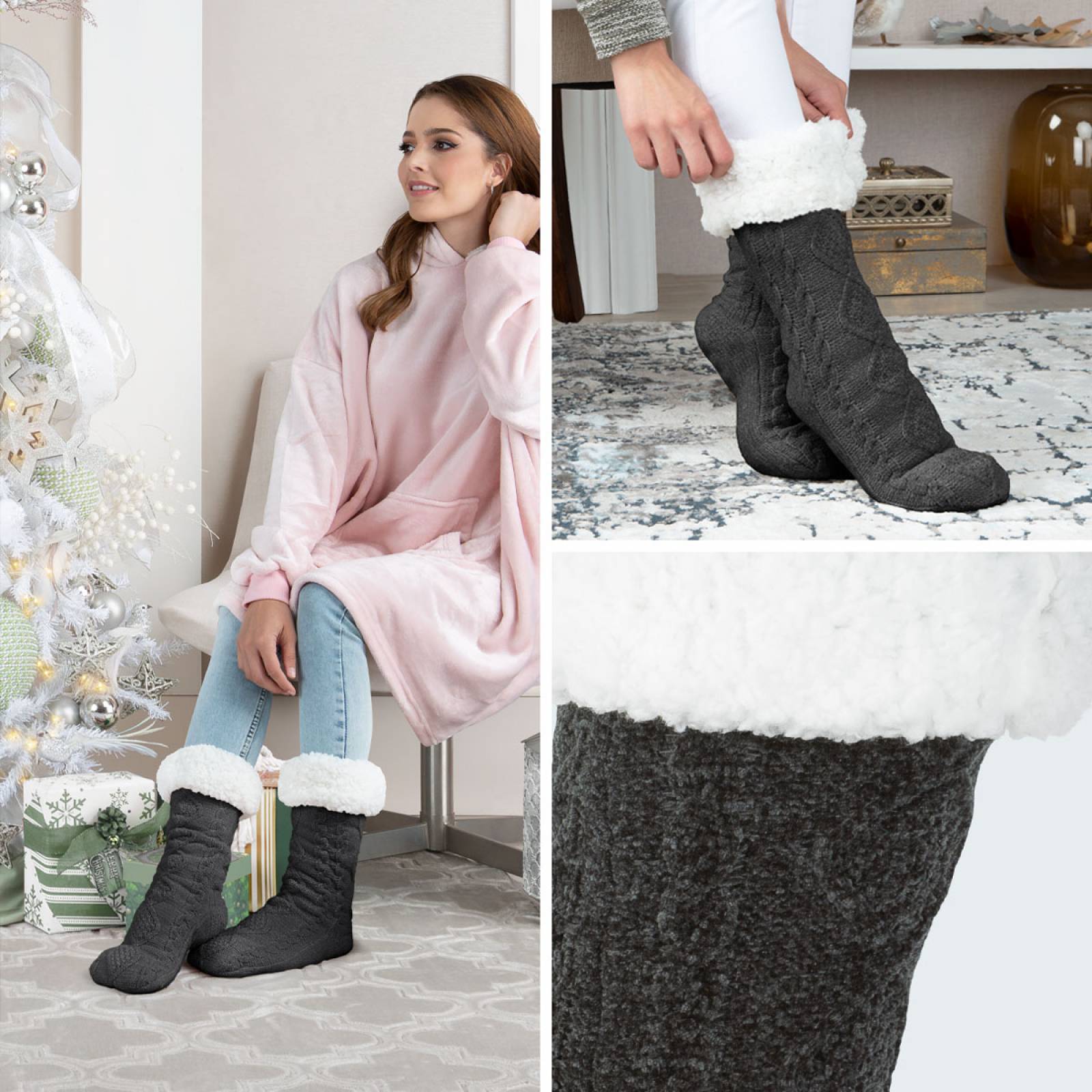 Calcetines Invernales Térmicos Borrega/ Antiderrapante 1 Par Gris oxford REAL TEXTIL