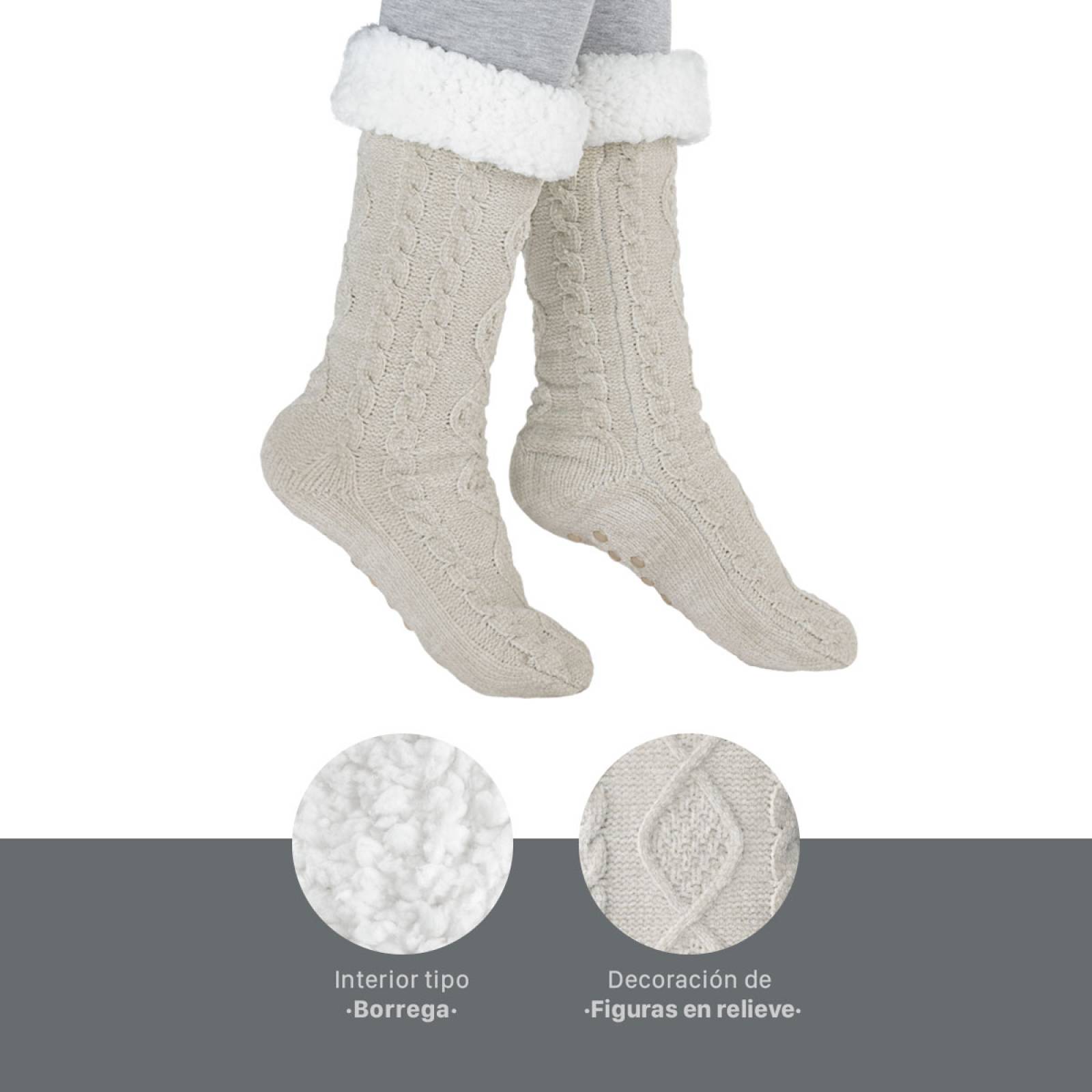 Calcetines Invernales Térmicos Pantuflas de Borrega para Invierno con Antiderrapante 1 Par Gris Claro REAL TEXTIL.