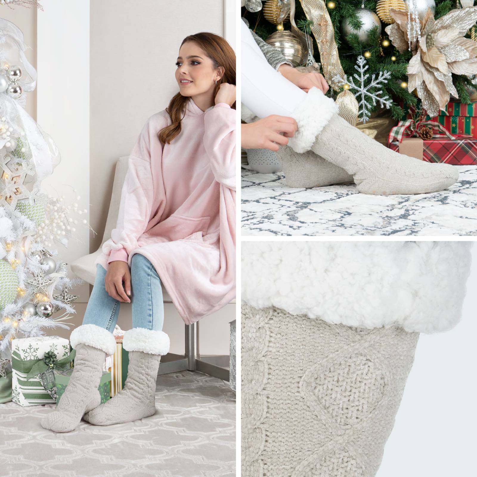 Calcetines Invernales Térmicos Pantuflas de Borrega para Invierno con Antiderrapante 1 Par Gris Claro REAL TEXTIL.