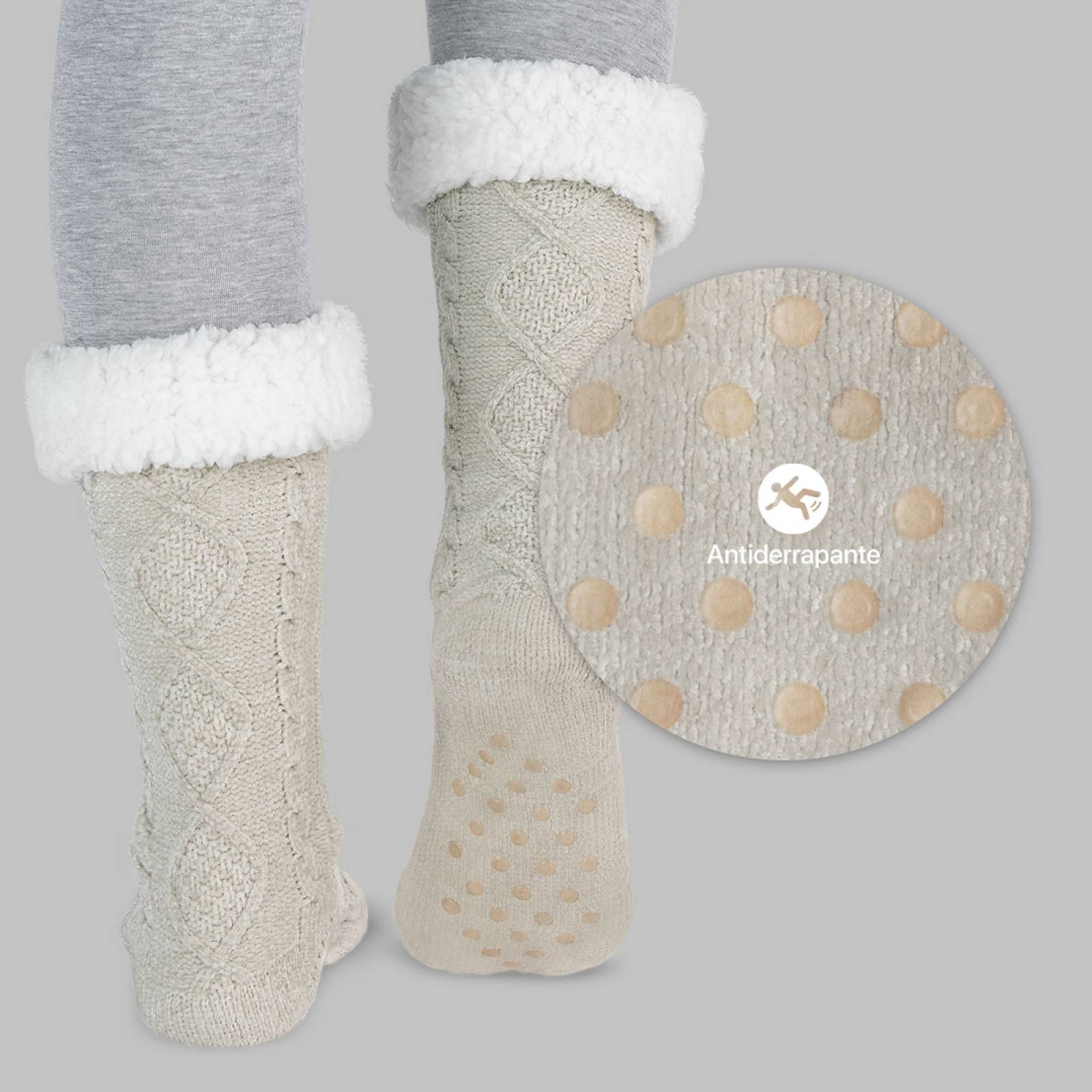 Calcetines Invernales Térmicos Pantuflas de Borrega para Invierno con Antiderrapante 1 Par Gris Claro REAL TEXTIL.