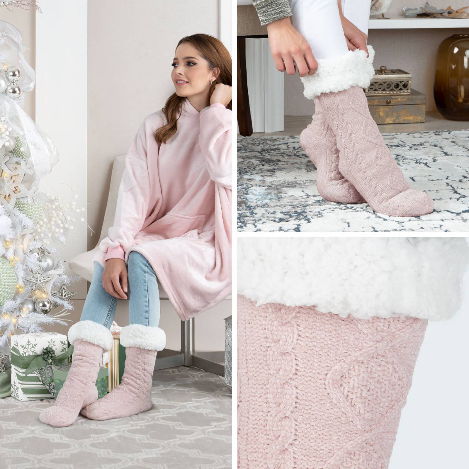 Calcetines Invernales Térmicos Pantuflas de Borrega para Invierno con Antiderrapante 1 Par Rosa REAL TEXTIL.