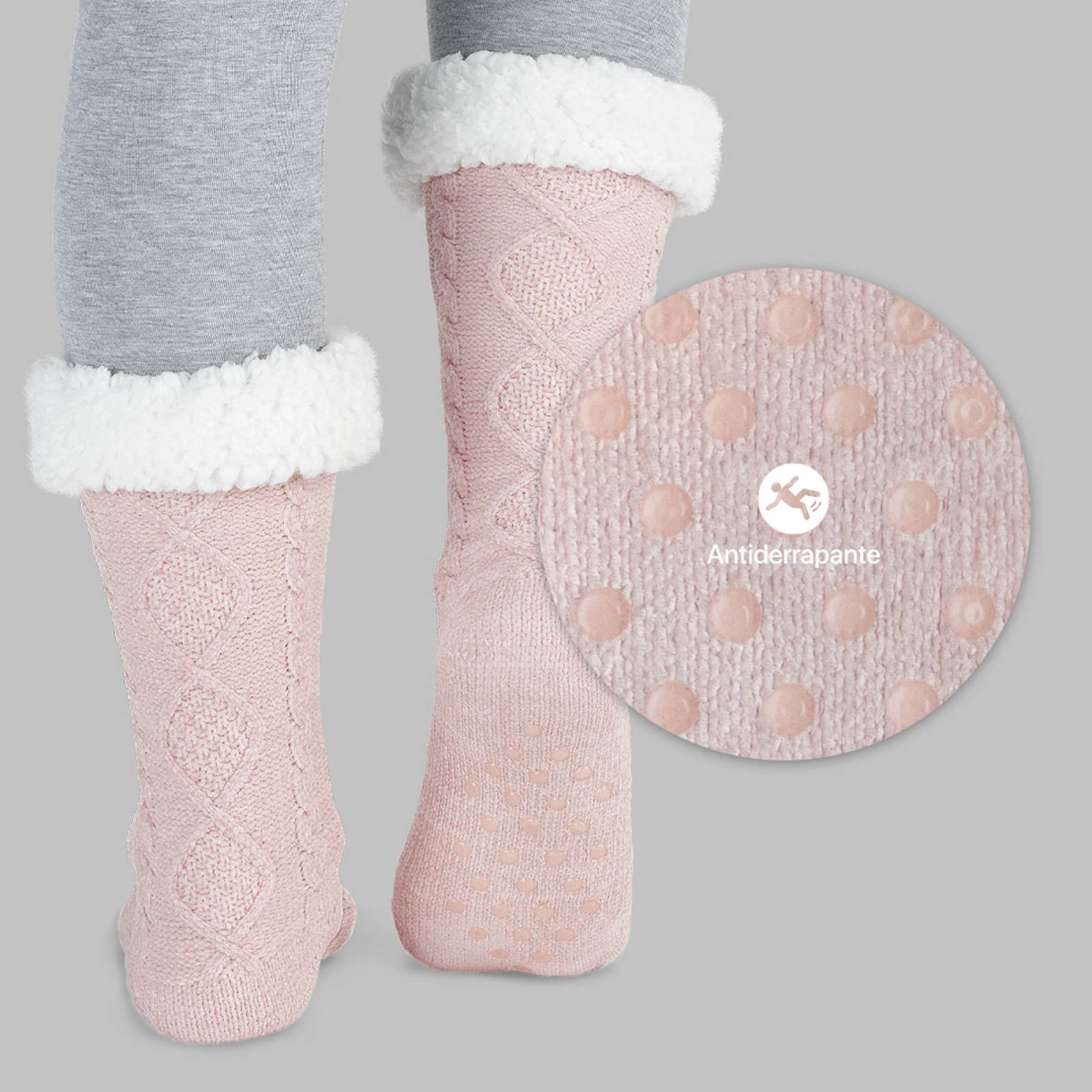 Calcetines Invernales Térmicos Pantuflas de Borrega para Invierno con Antiderrapante 1 Par Rosa REAL TEXTIL.