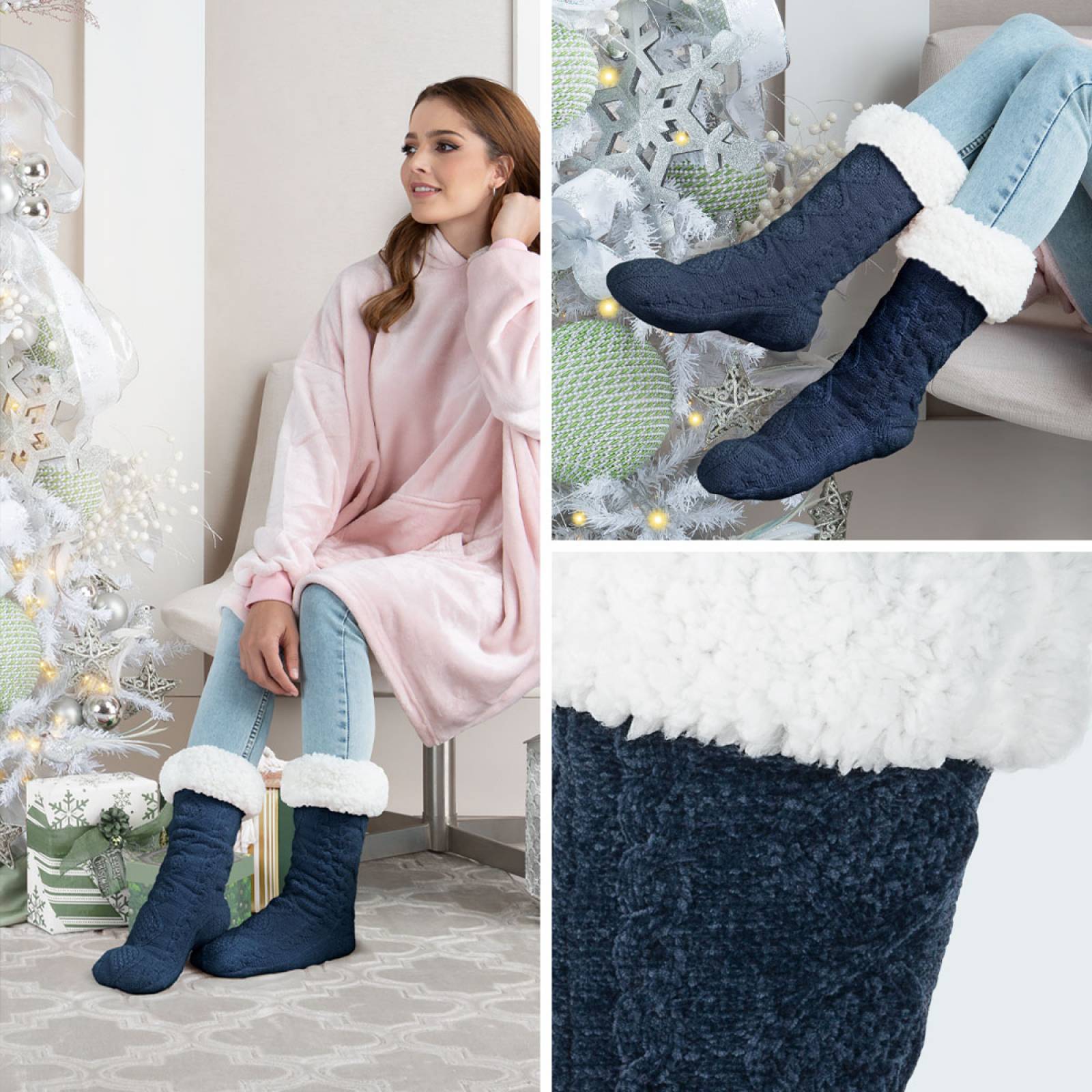 Calcetines Invernales Térmicos Borrega/ Antiderrapante 1 Par Azul marino REAL TEXTIL