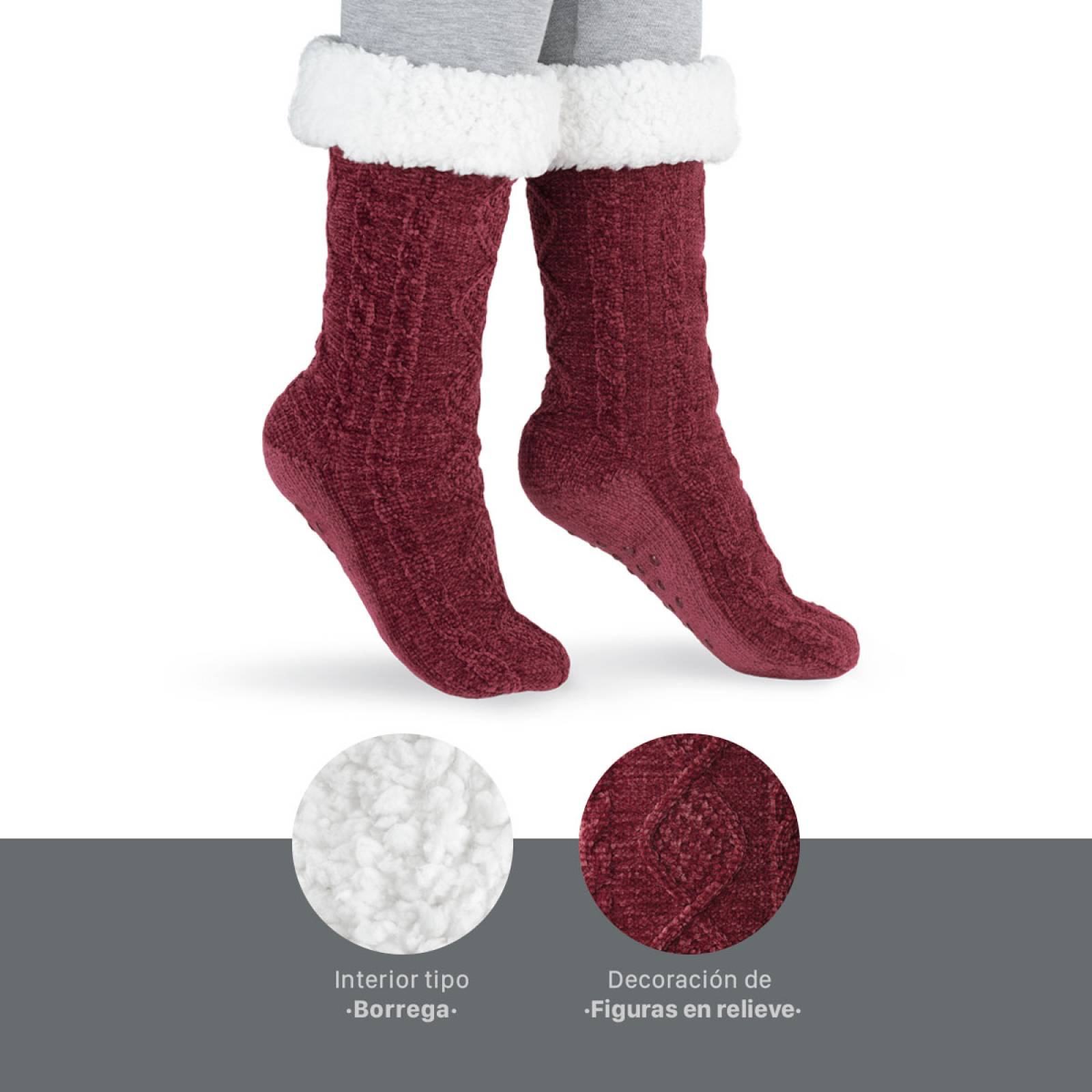 Calcetines Invernales Térmicos Pantuflas de Borrega para Invierno con Antiderrapante 1 Par Tinto REAL TEXTIL.