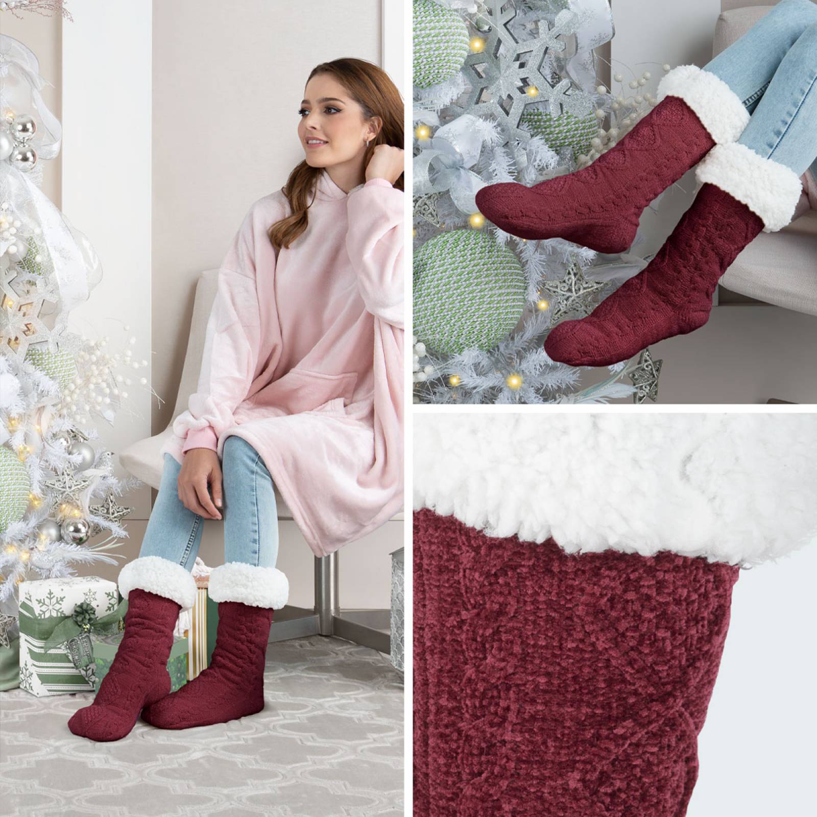 Calcetines Invernales Térmicos Pantuflas de Borrega para Invierno con Antiderrapante 1 Par Tinto REAL TEXTIL.