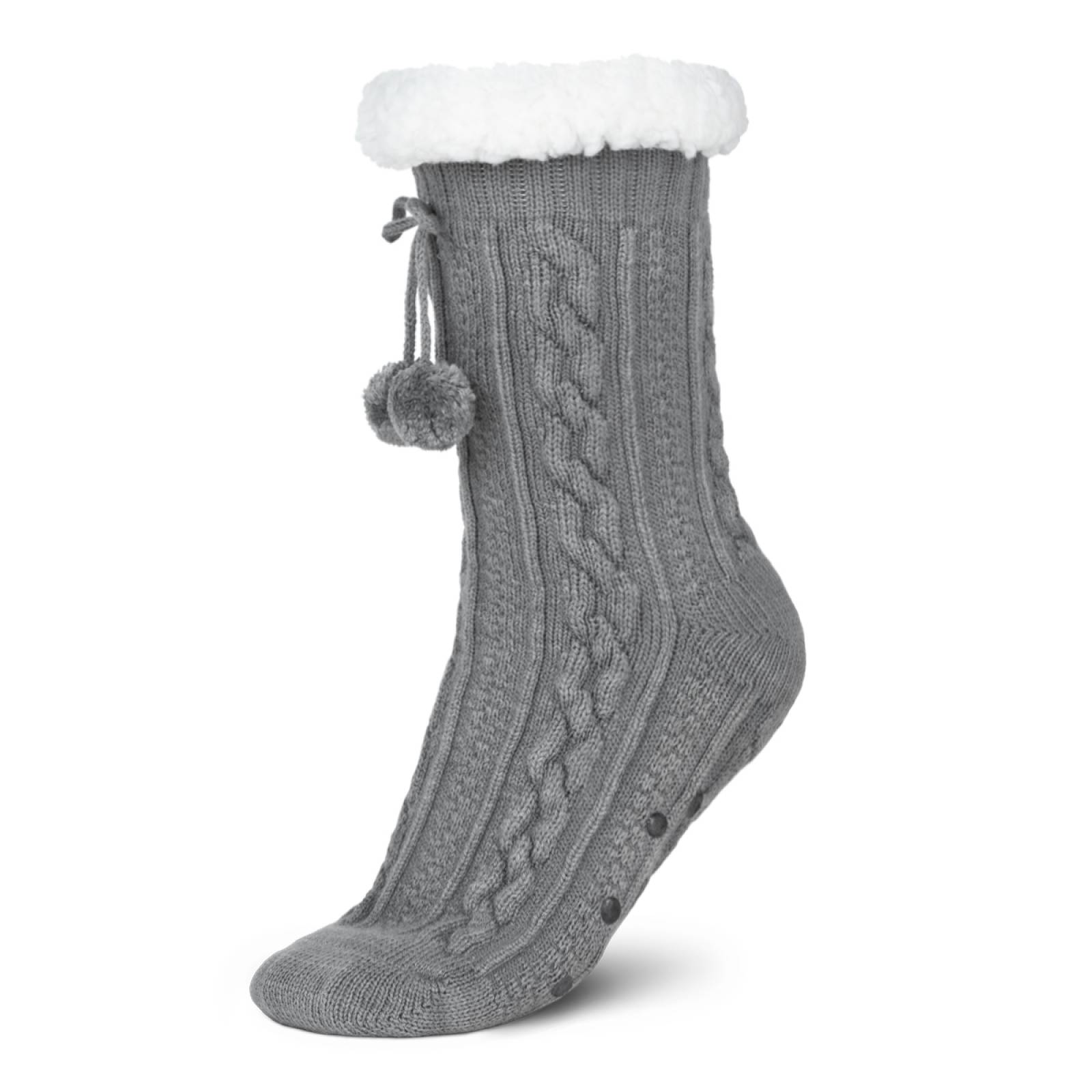 Calcetines Invernales Térmicos Borrega/ Antiderrapante 1 Par Gris con pompones REAL TEXTIL