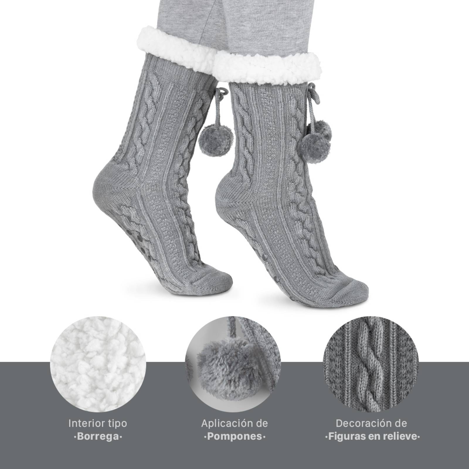Calcetines Invernales Térmicos Borrega/ Antiderrapante 1 Par Gris con pompones REAL TEXTIL