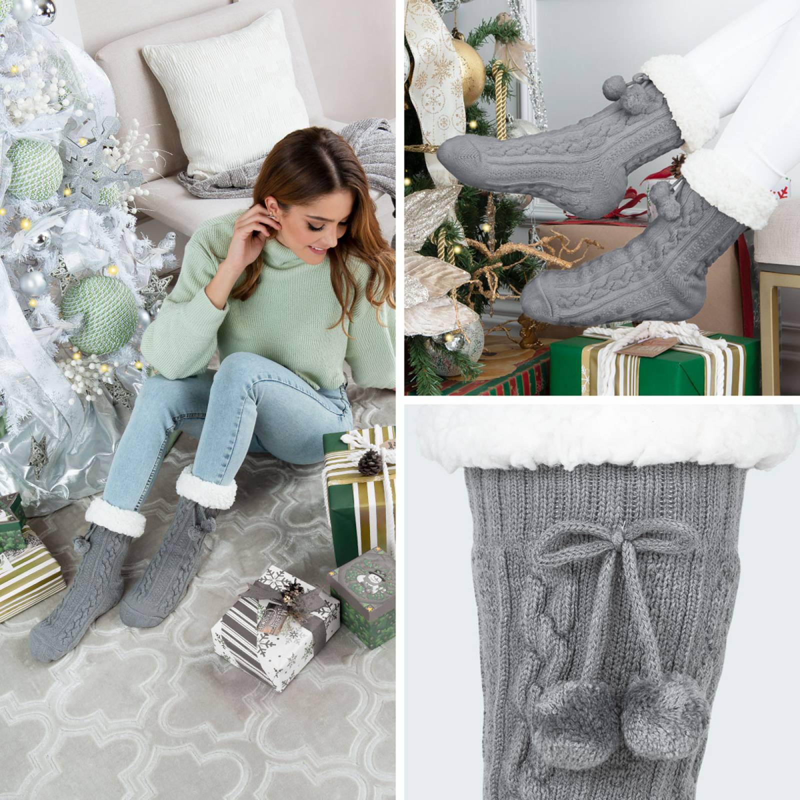 Calcetines Invernales Térmicos Borrega/ Antiderrapante 1 Par Gris con pompones REAL TEXTIL
