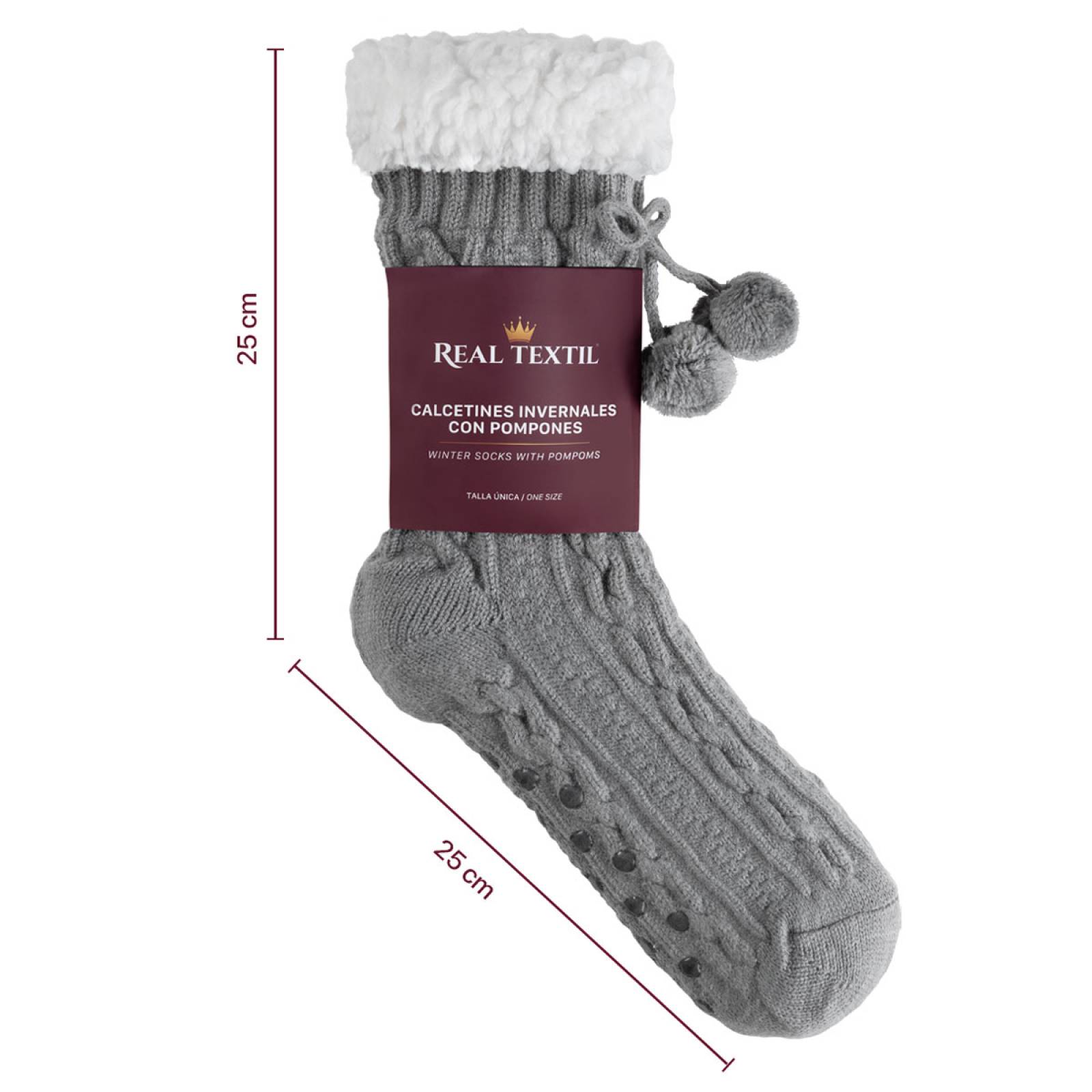 Calcetines Invernales Térmicos Borrega/ Antiderrapante 1 Par Gris con pompones REAL TEXTIL