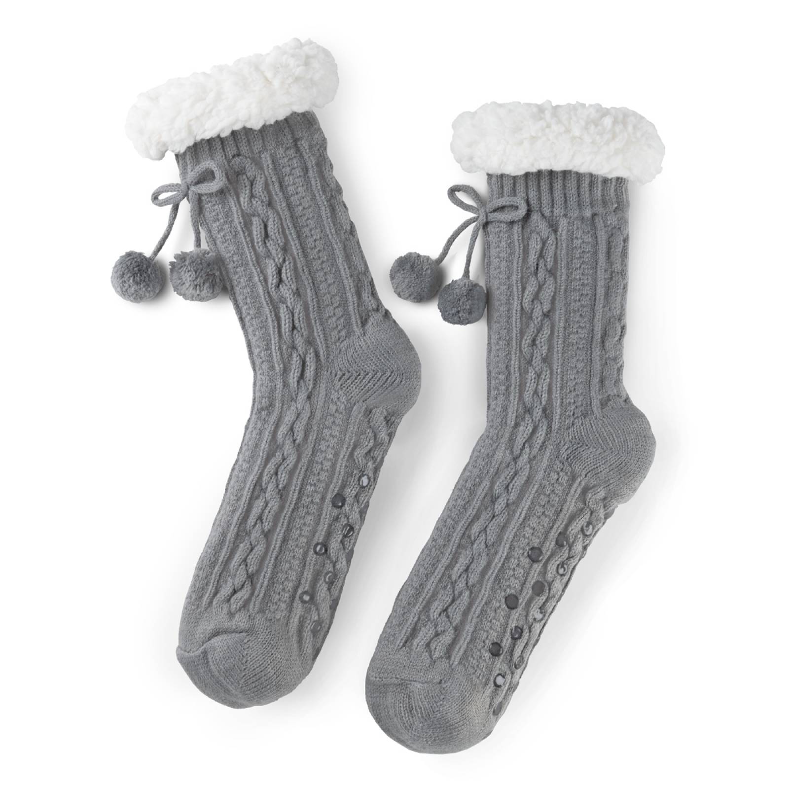 Calcetines Invernales Térmicos Borrega/ Antiderrapante 1 Par Gris con pompones REAL TEXTIL