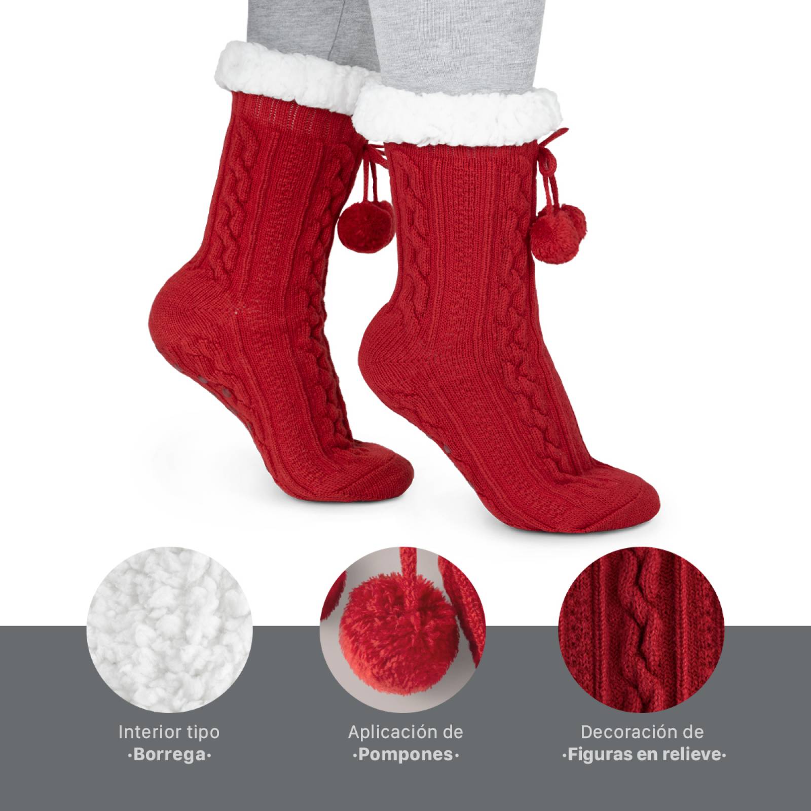 Calcetines Invernales Térmicos Borrega/ Antiderrapante 1 Par Rojo con pompones REAL TEXTIL