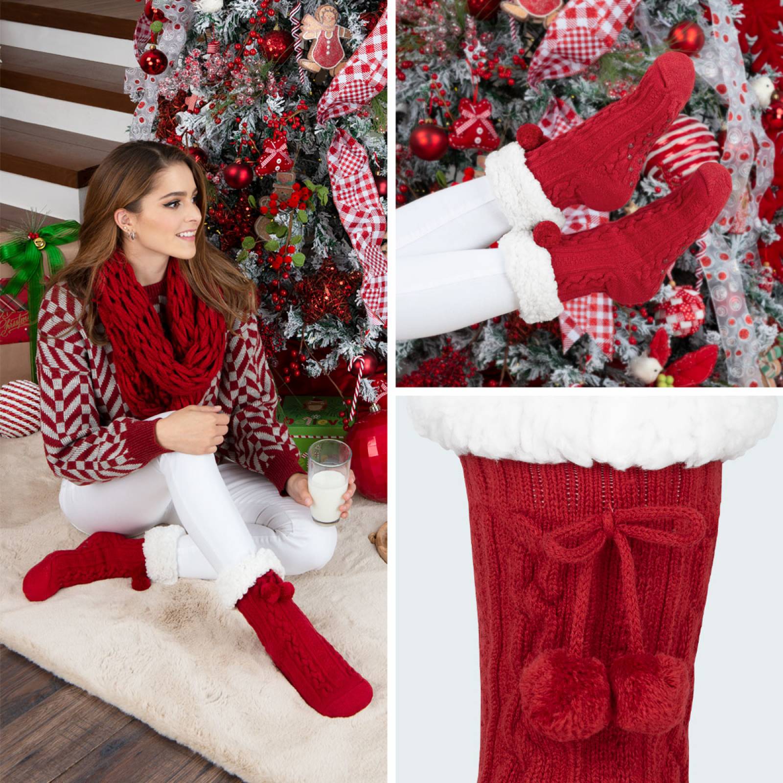 Calcetines Invernales Térmicos Borrega/ Antiderrapante 1 Par Rojo con pompones REAL TEXTIL
