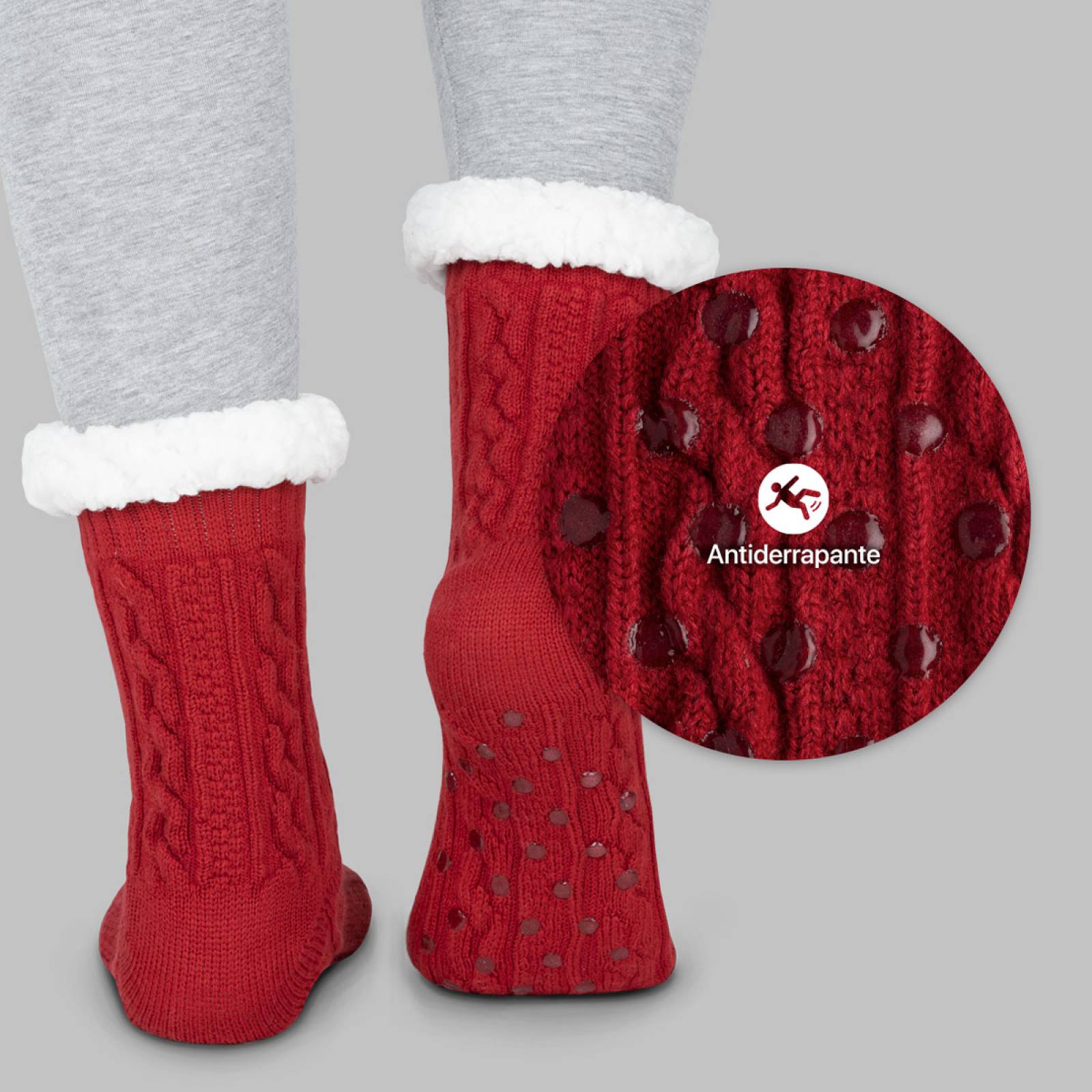 Calcetines Invernales Térmicos Borrega/ Antiderrapante 1 Par Rojo con pompones REAL TEXTIL