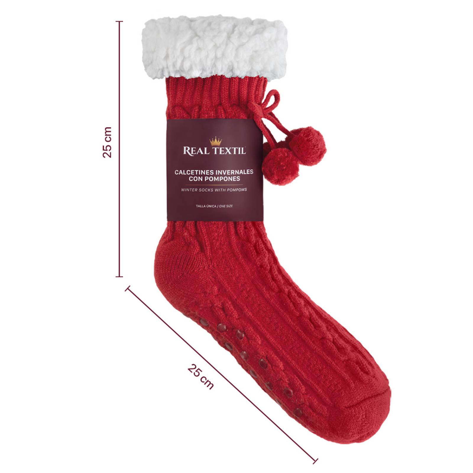 Calcetines Invernales Térmicos Borrega/ Antiderrapante 1 Par Rojo con pompones REAL TEXTIL