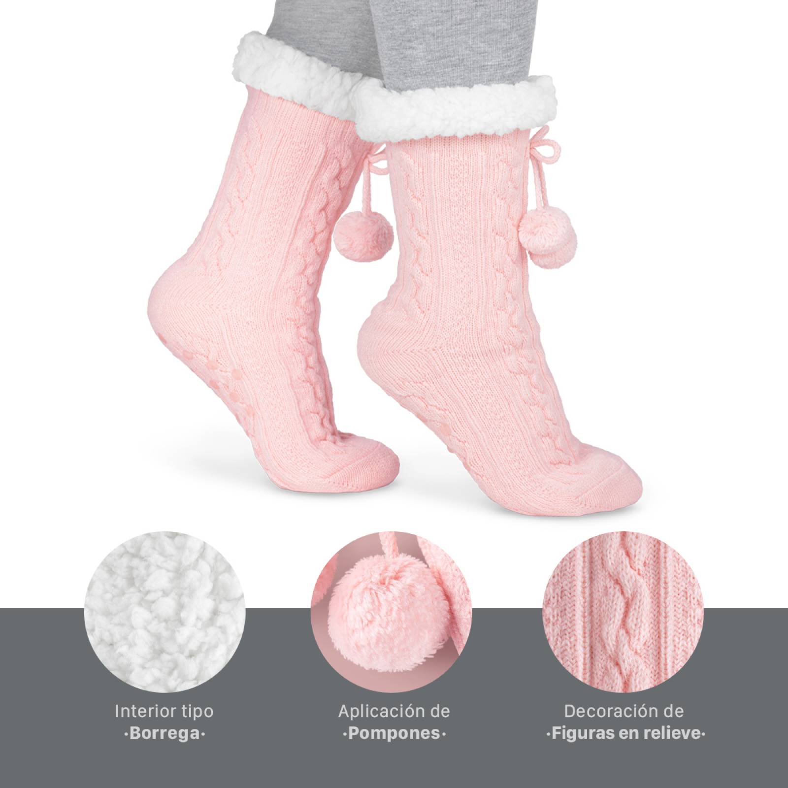 Calcetines Invernales Térmicos Pantuflas de Borrega para Invierno con Antiderrapante 1 Par Rosa con Pompones REAL TEXTIL.