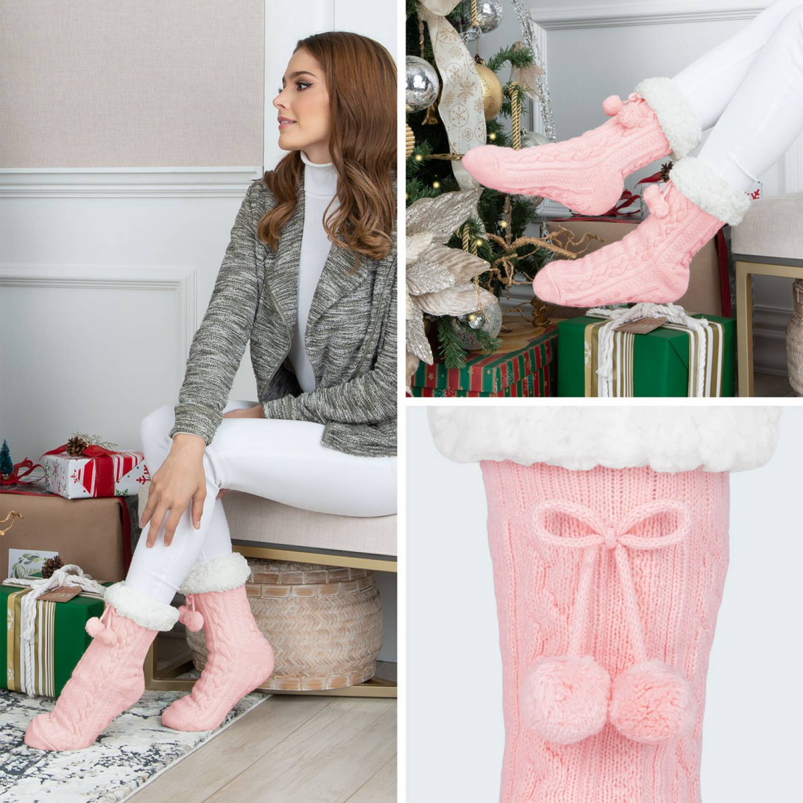 Calcetines Invernales Térmicos Pantuflas de Borrega para Invierno con Antiderrapante 1 Par Rosa con Pompones REAL TEXTIL.