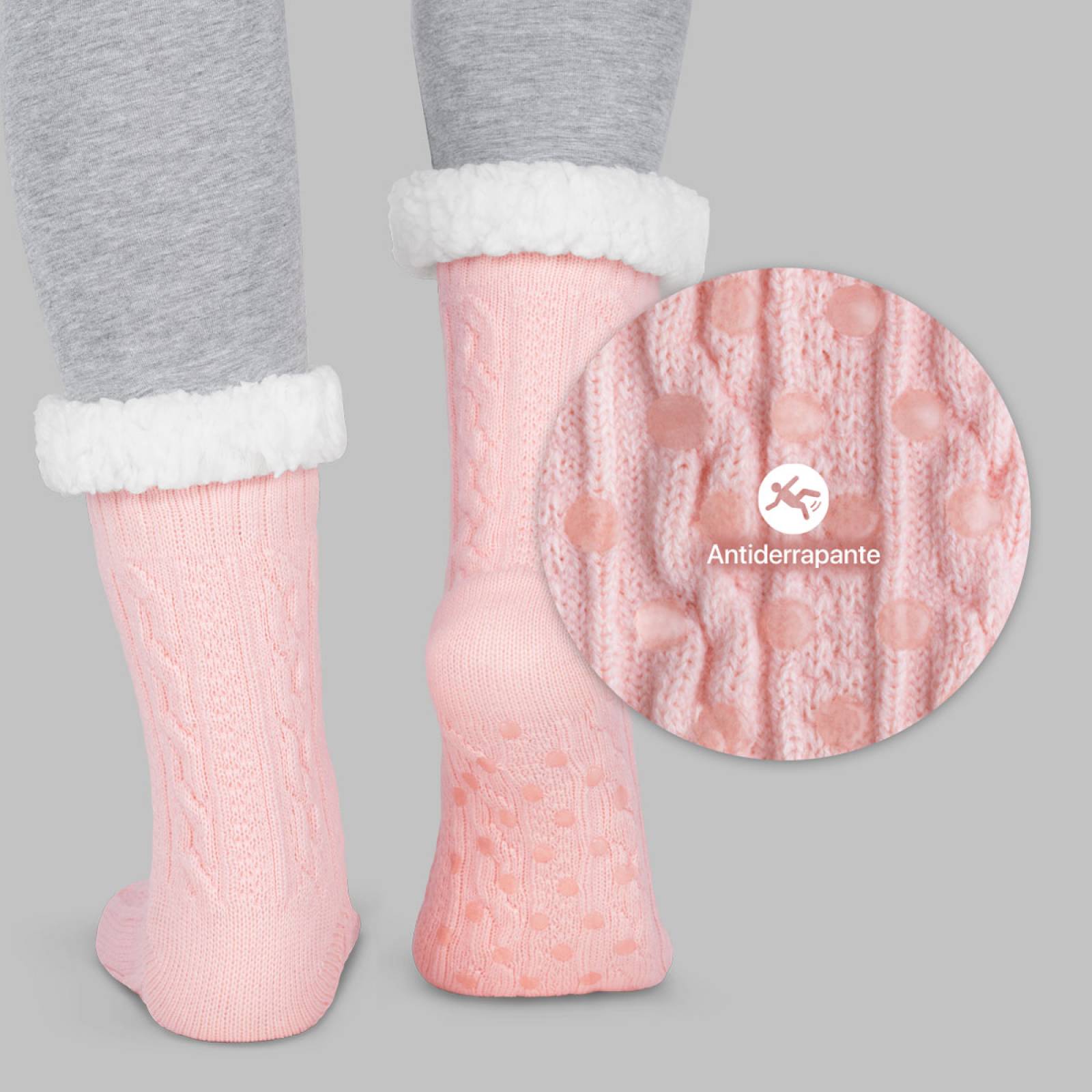 Calcetines Invernales Térmicos Pantuflas de Borrega para Invierno con Antiderrapante 1 Par Rosa con Pompones REAL TEXTIL.
