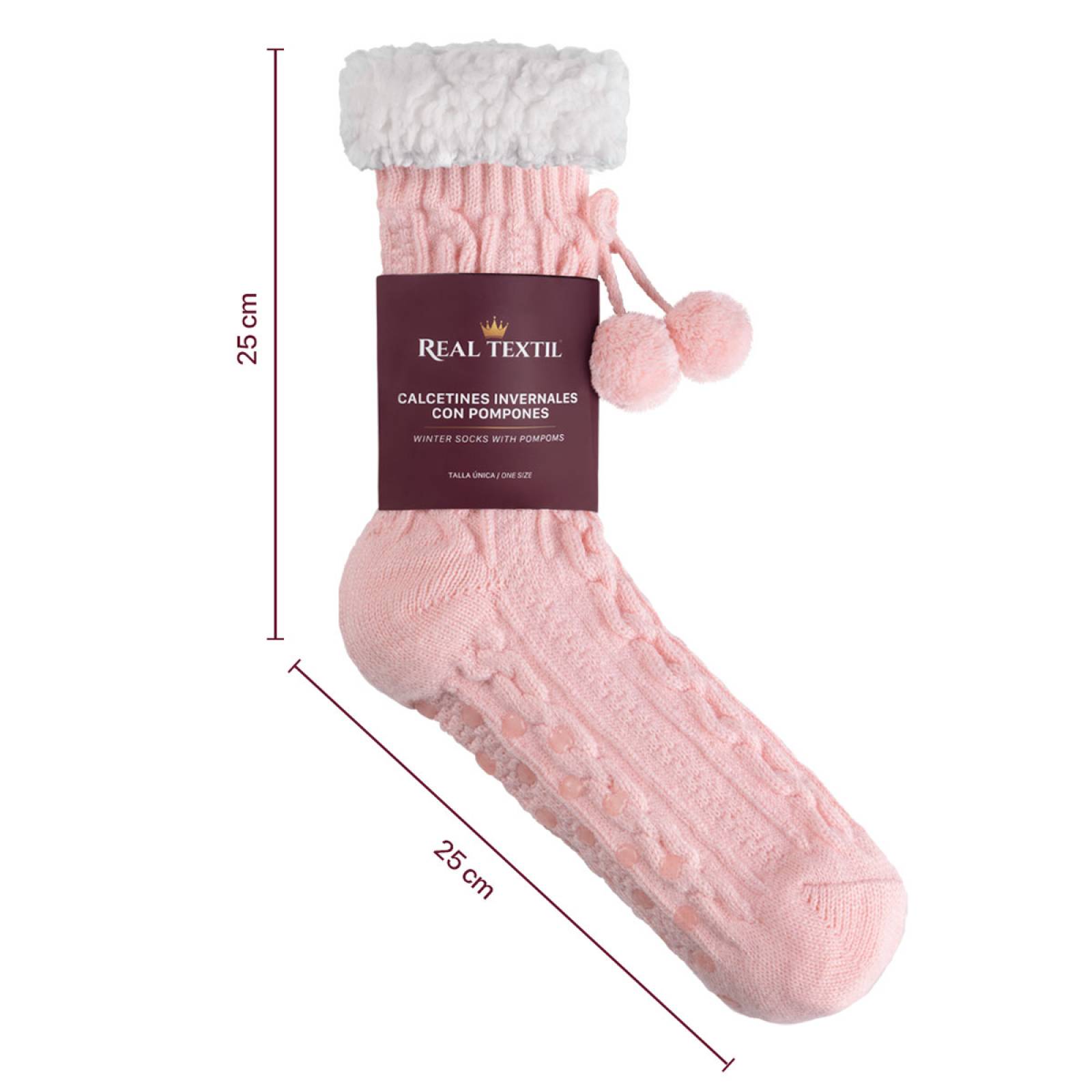 Calcetines Invernales Térmicos Pantuflas de Borrega para Invierno con Antiderrapante 1 Par Rosa con Pompones REAL TEXTIL.