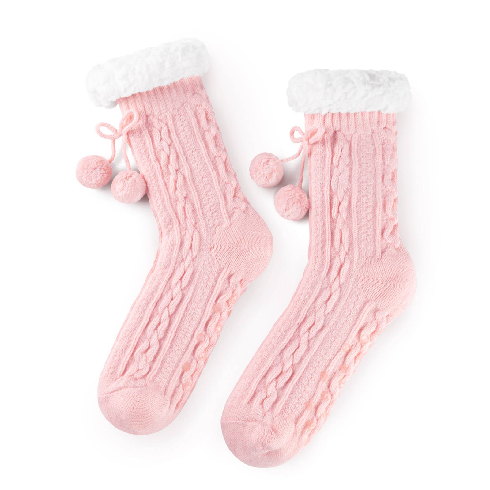Calcetines Invernales Térmicos Pantuflas de Borrega para Invierno con Antiderrapante 1 Par Rosa con Pompones REAL TEXTIL.