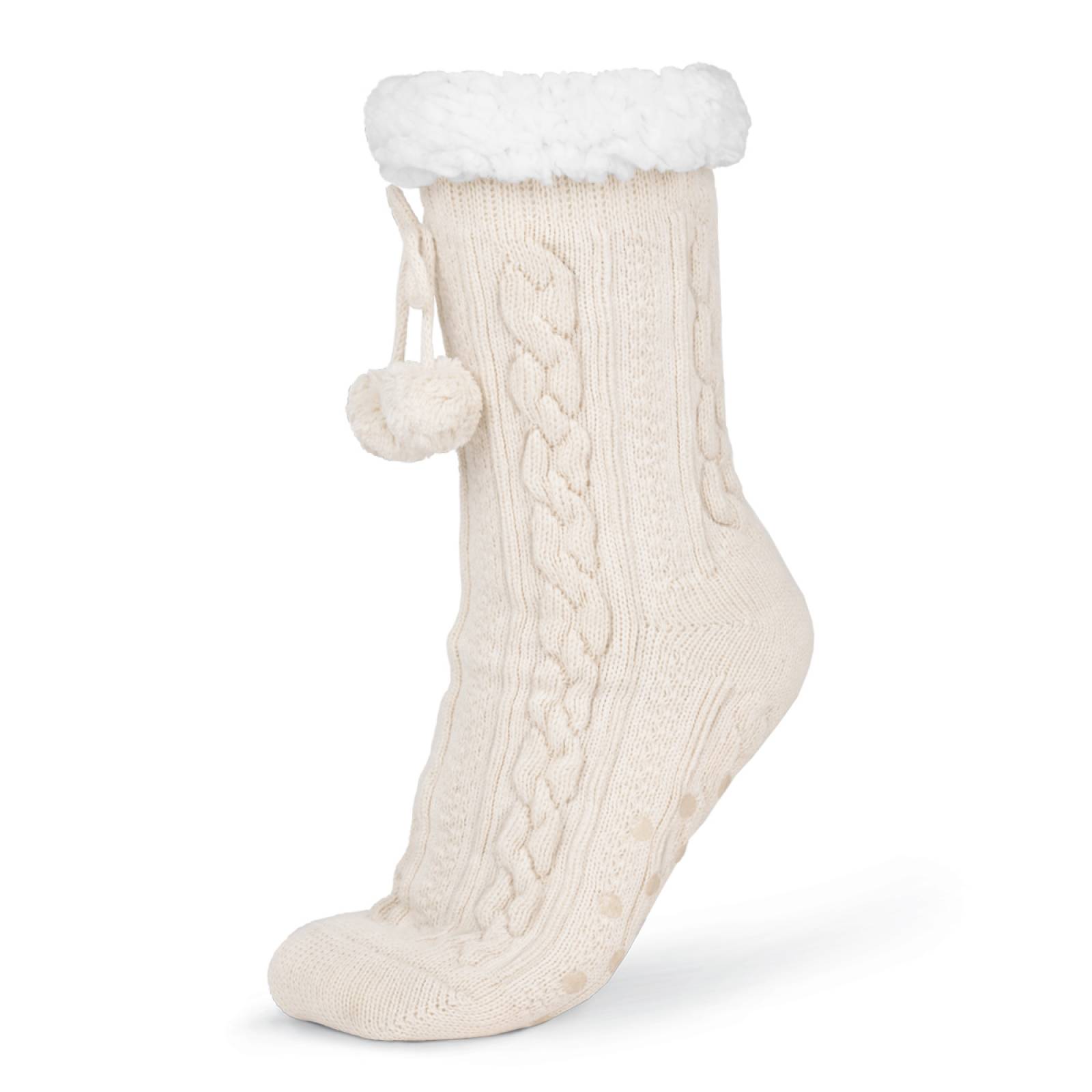 Calcetines Invernales Térmicos Pantuflas de Borrega para Invierno con Antiderrapante 1 Par Beige con Pompones REAL TEXTIL.
