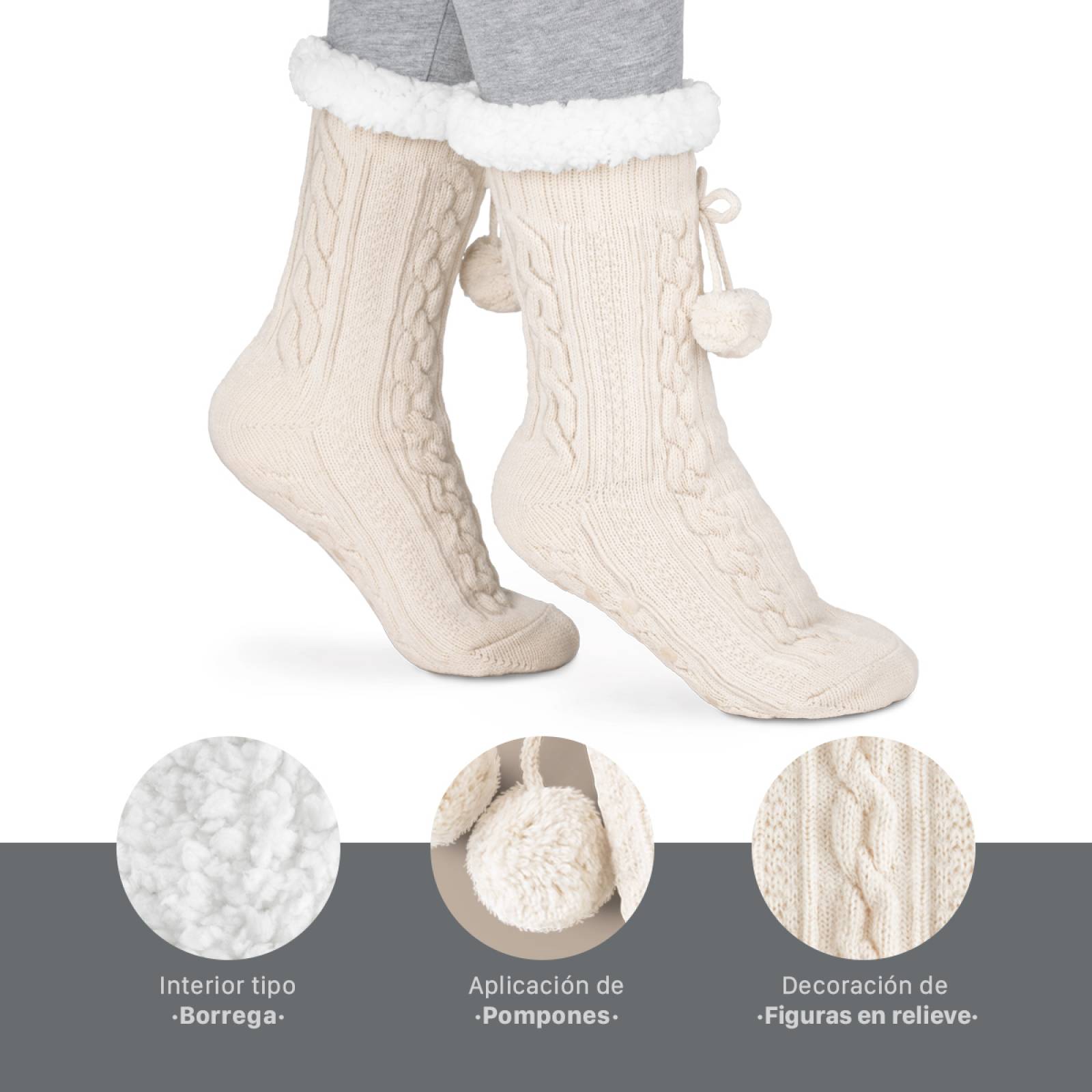 Calcetines Invernales Térmicos Pantuflas de Borrega para Invierno con Antiderrapante 1 Par Beige con Pompones REAL TEXTIL.