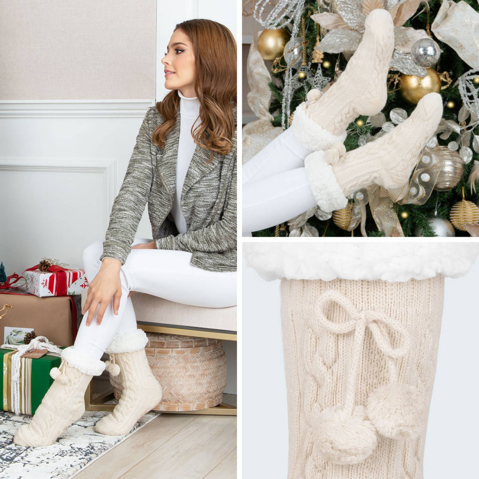 Calcetines Invernales Térmicos Pantuflas de Borrega para Invierno con Antiderrapante 1 Par Beige con Pompones REAL TEXTIL.