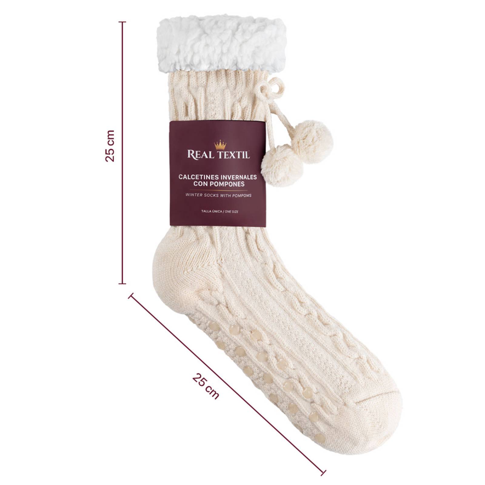 Calcetines Invernales Térmicos Pantuflas de Borrega para Invierno con Antiderrapante 1 Par Beige con Pompones REAL TEXTIL.