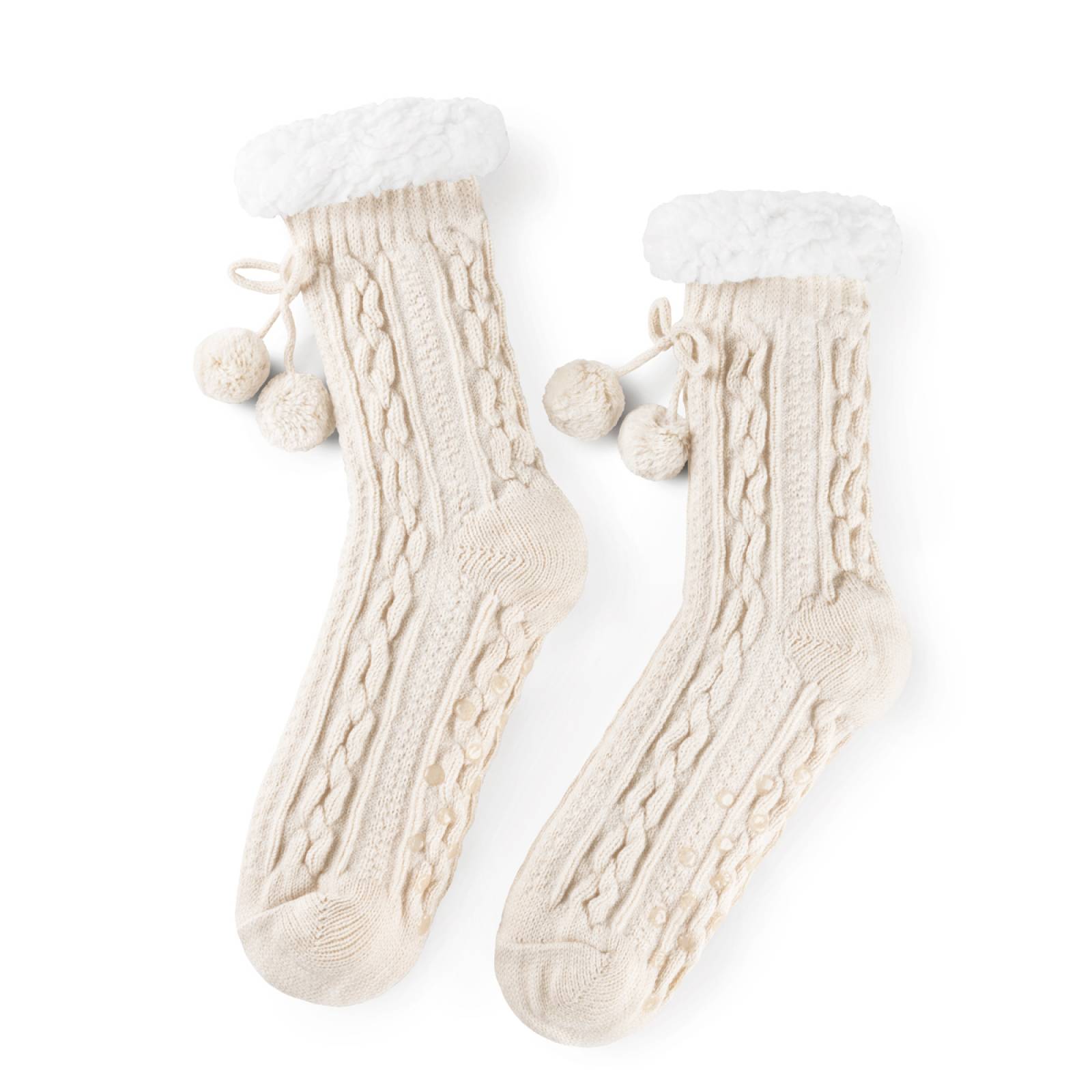 Calcetines Invernales Térmicos Pantuflas de Borrega para Invierno con Antiderrapante 1 Par Beige con Pompones REAL TEXTIL.