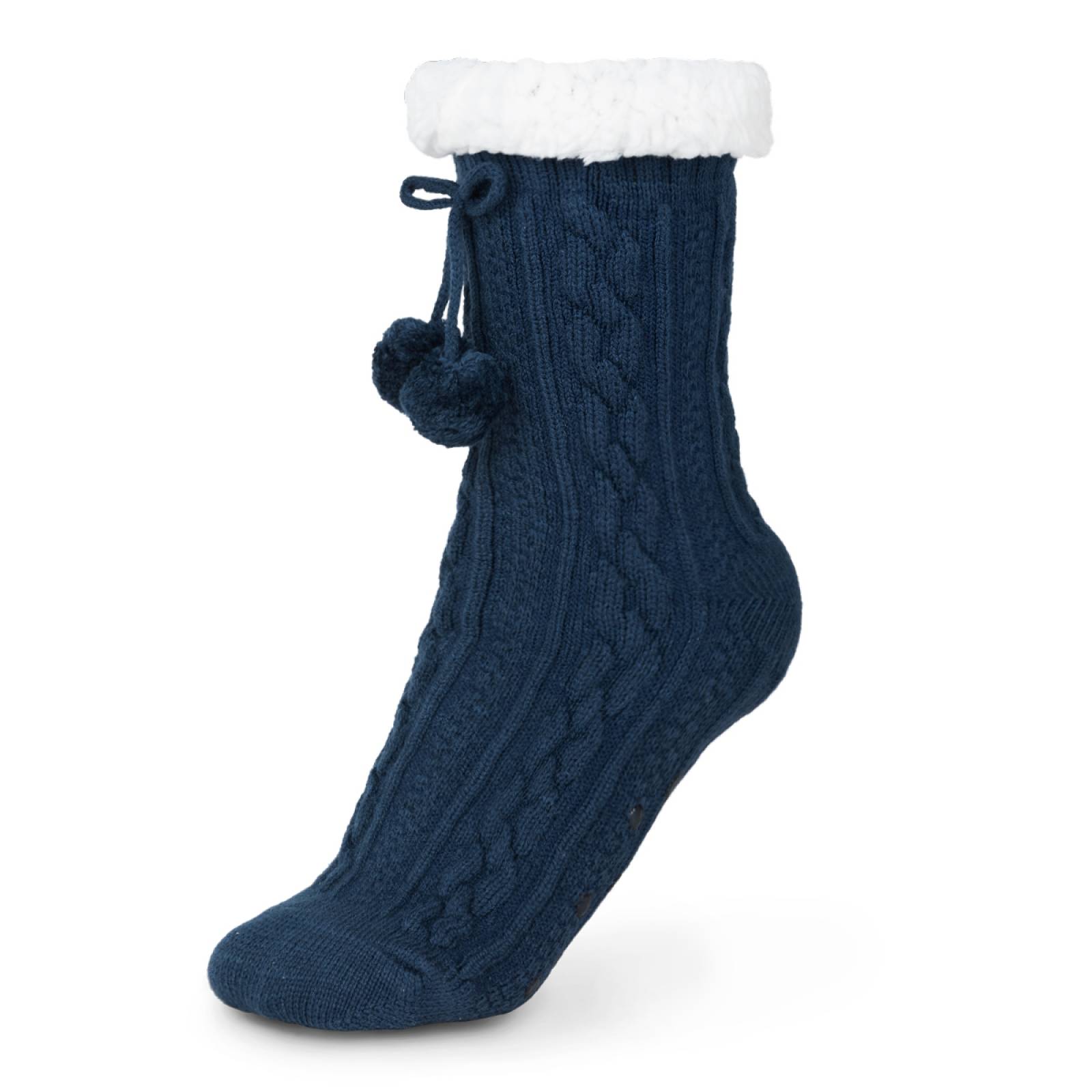 Calcetines Invernales Térmicos Pantuflas de Borrega para Invierno con Antiderrapante 1 Par Azul con Pompones REAL TEXTIL.