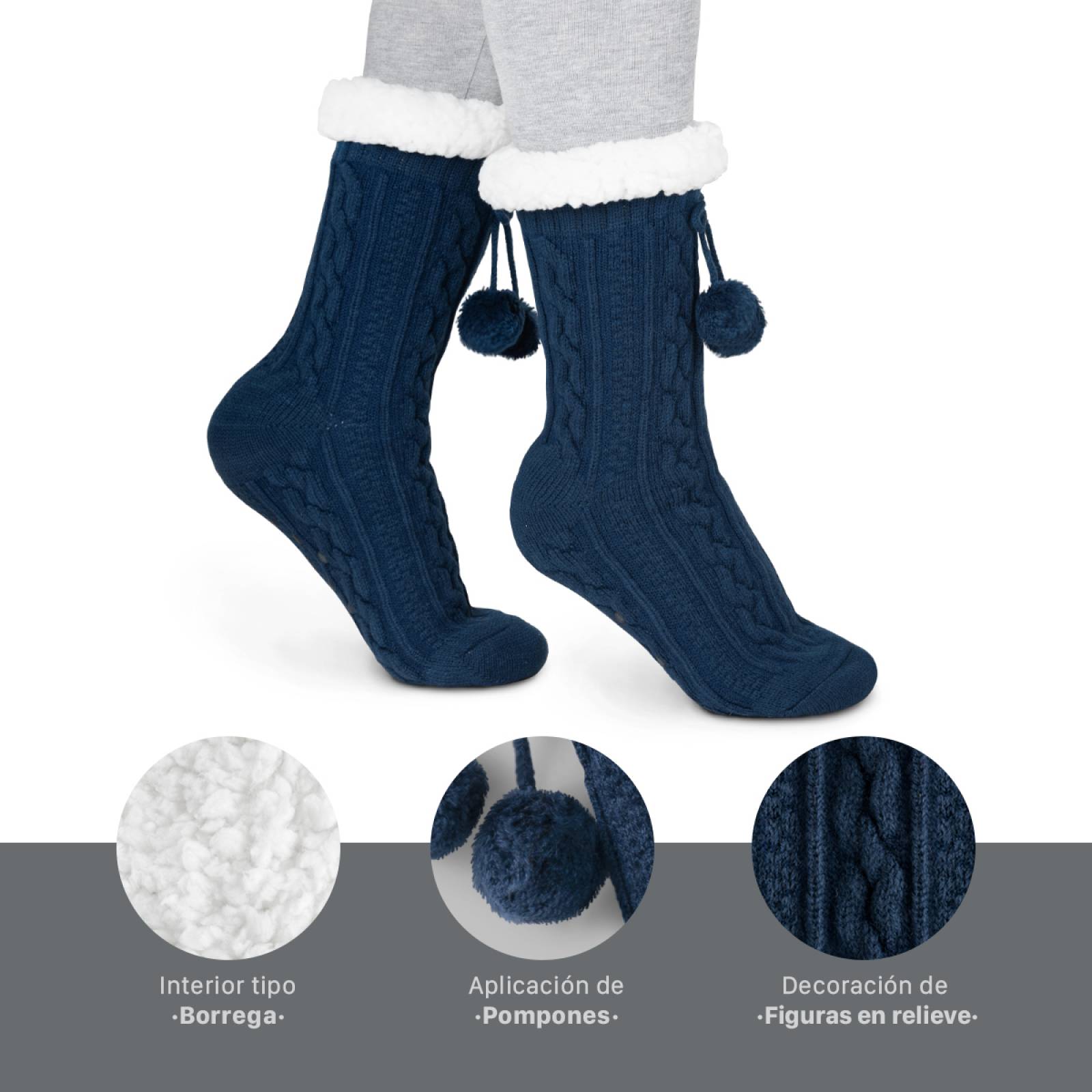 Calcetines Invernales Térmicos Pantuflas de Borrega para Invierno con Antiderrapante 1 Par Azul con Pompones REAL TEXTIL.