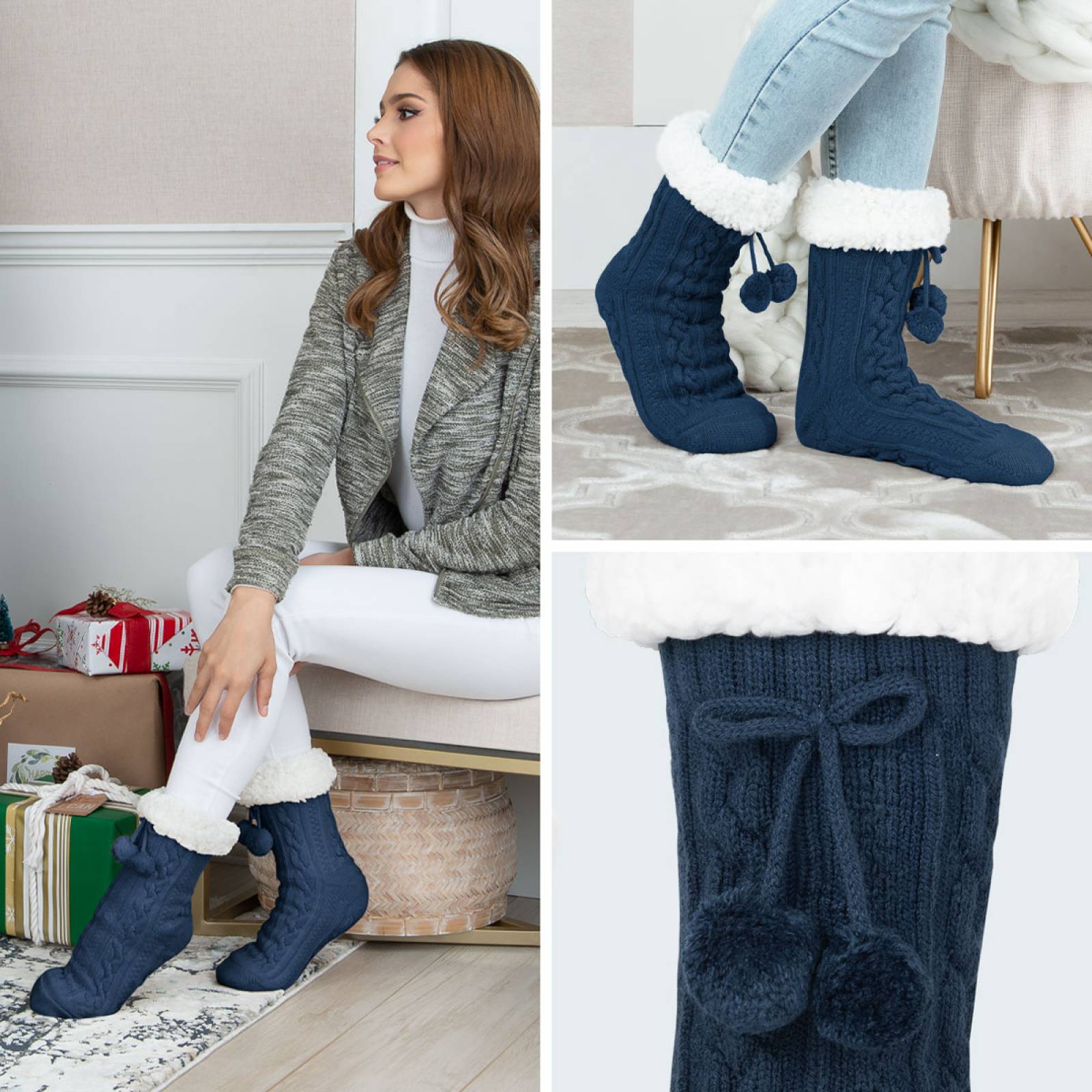 Calcetines Invernales Térmicos Pantuflas de Borrega para Invierno con Antiderrapante 1 Par Azul con Pompones REAL TEXTIL.