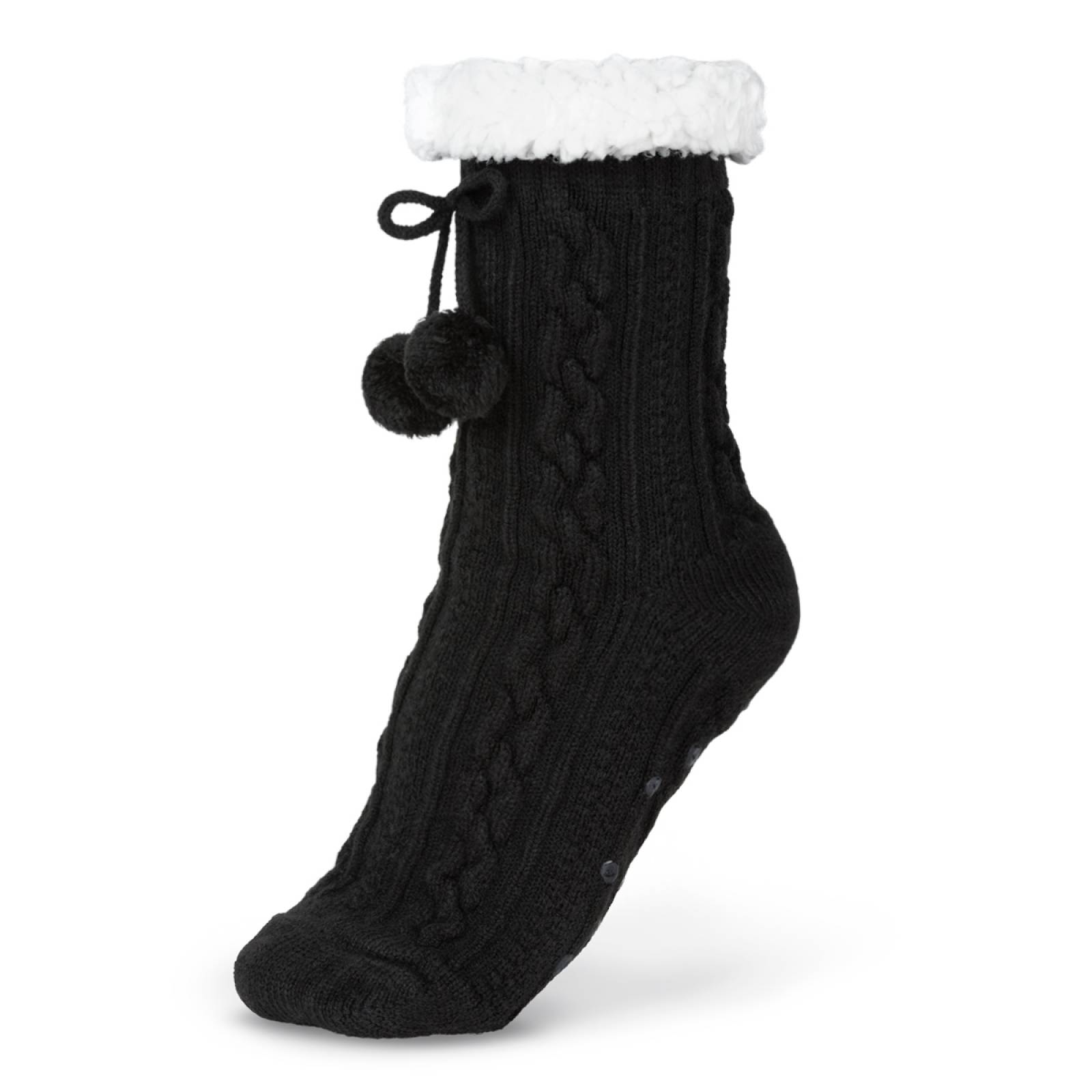 Calcetines Invernales Térmicos Pantuflas de Borrega para Invierno con Antiderrapante 1 Par Negro con Pompones REAL TEXTIL.
