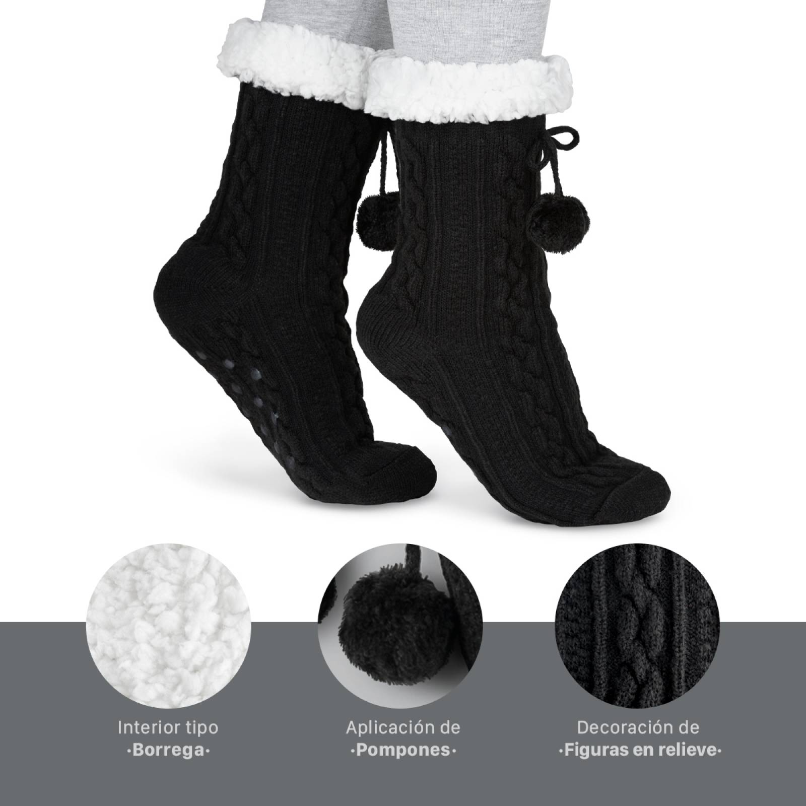 Calcetines Invernales Térmicos Pantuflas de Borrega para Invierno con Antiderrapante 1 Par Negro con Pompones REAL TEXTIL.