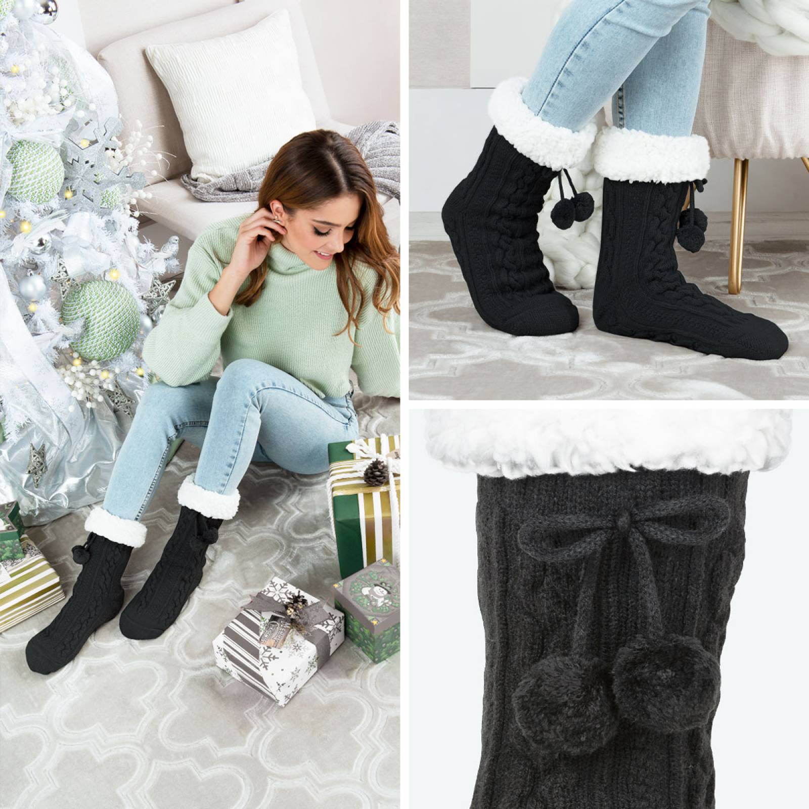 Calcetines Invernales Térmicos Pantuflas de Borrega para Invierno con Antiderrapante 1 Par Negro con Pompones REAL TEXTIL.