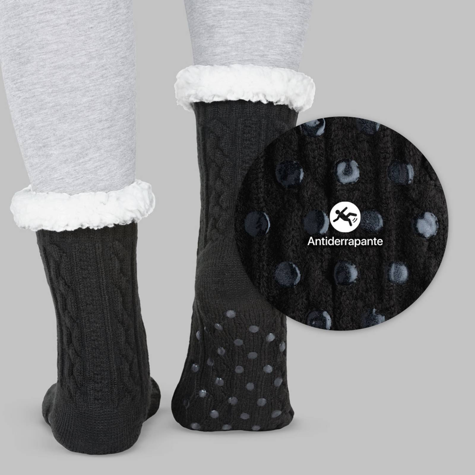 Calcetines Invernales Térmicos Pantuflas de Borrega para Invierno con Antiderrapante 1 Par Negro con Pompones REAL TEXTIL.