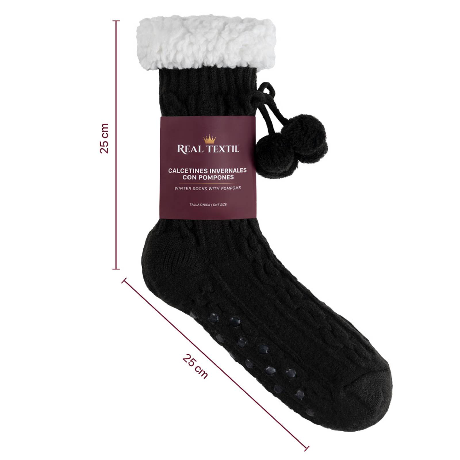 Calcetines Invernales Térmicos Pantuflas de Borrega para Invierno con Antiderrapante 1 Par Negro con Pompones REAL TEXTIL.