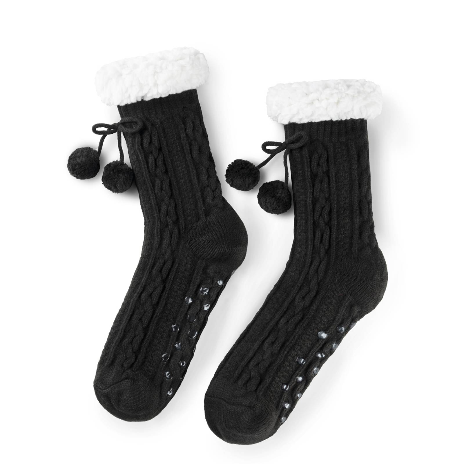 Calcetines Invernales Térmicos Pantuflas de Borrega para Invierno con Antiderrapante 1 Par Negro con Pompones REAL TEXTIL.