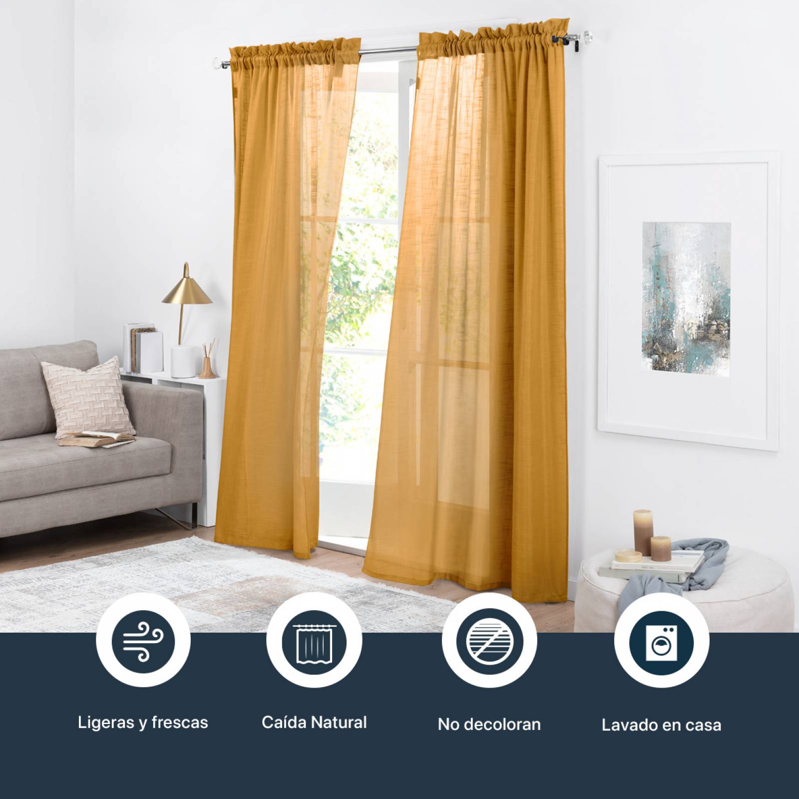 Cortina Translúcida Tipo Lino - 2.70m X 2.30m Aleida (mostaza) ESQUIMAL