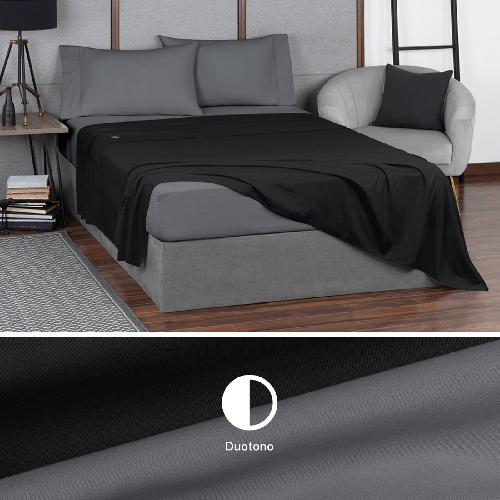 Sábanas Duotono Matrimonial Microfibra Negro / Gris Oscuro REAL TEXTIL