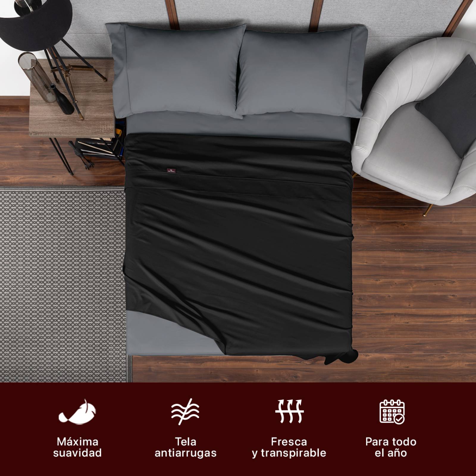 Sábanas Duotono Matrimonial Microfibra Negro / Gris Oscuro REAL TEXTIL