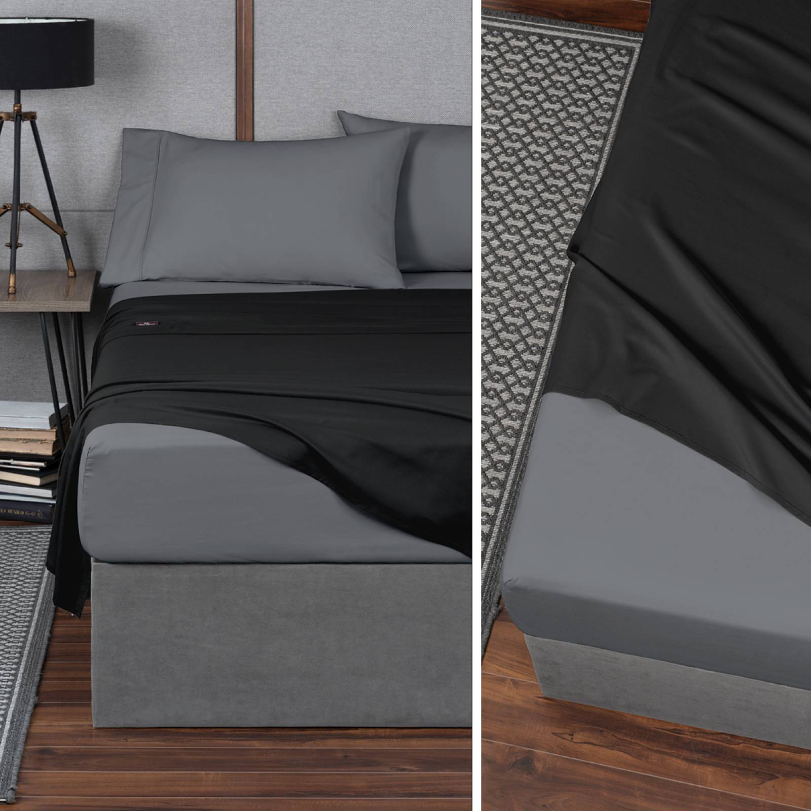 Sábanas Duotono Matrimonial Microfibra Negro / Gris Oscuro REAL TEXTIL
