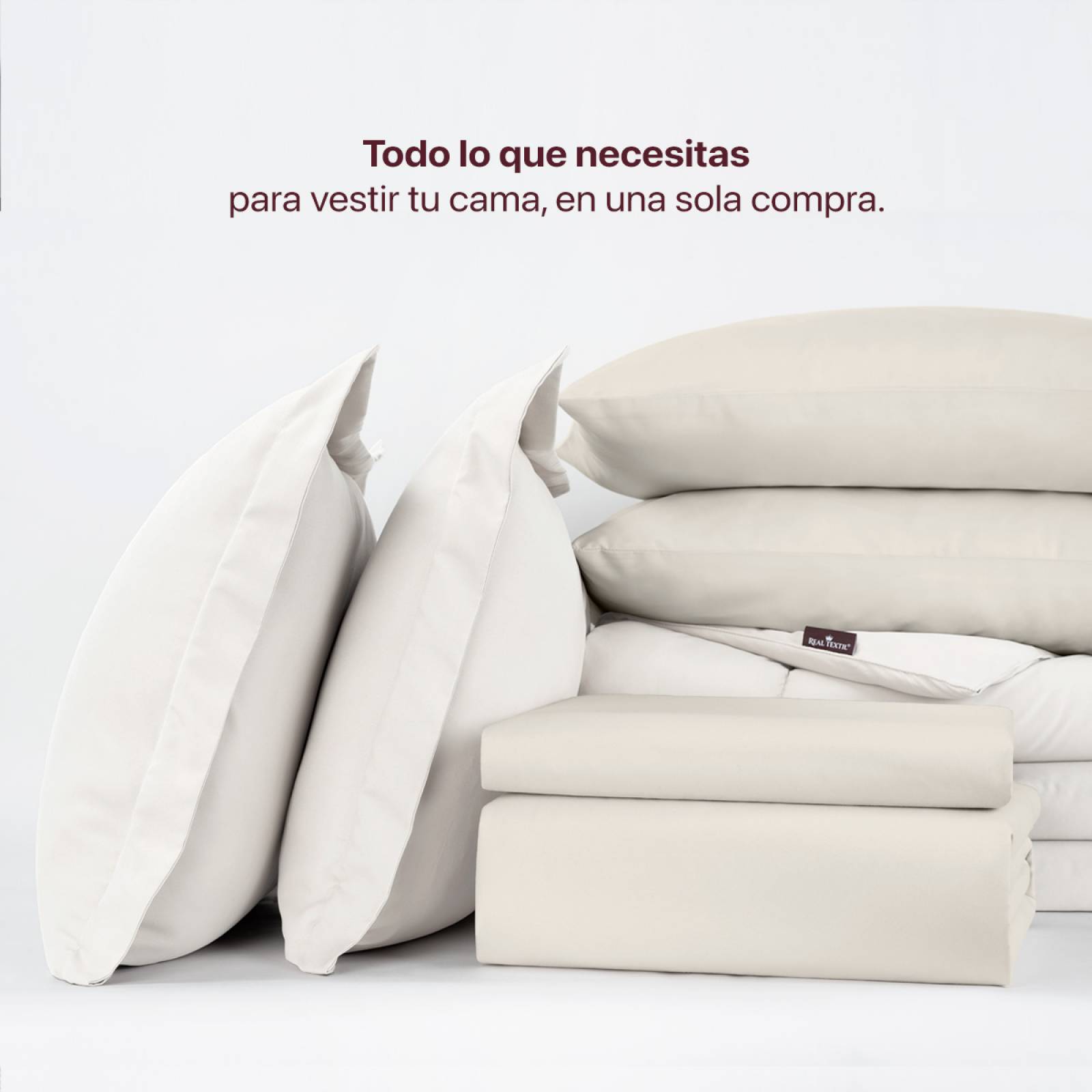 Set Edredón Queen Size más Fundas y Sábanas 7 Pzas Blanco/Beige Real Textil