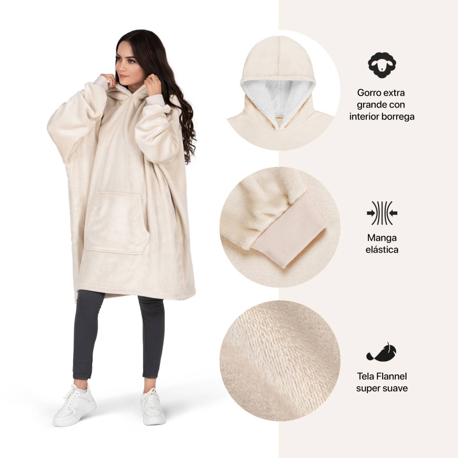 Sudadera Gigante Con Capucha De Borrega Para Mujer - Hueso REAL TEXTIL