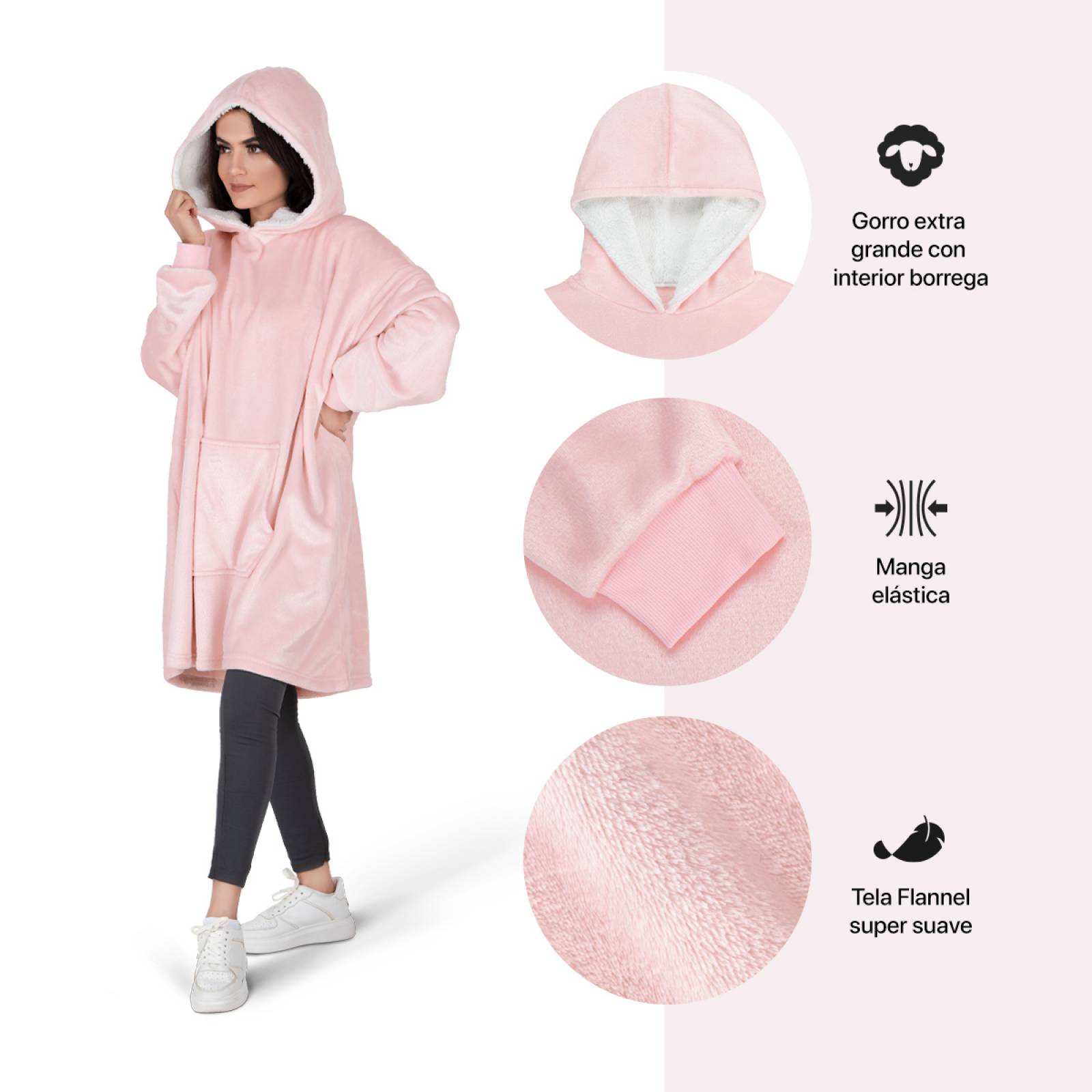 Sudadera Gigante Con Capucha De Borrega Para Mujer - Rosa REAL TEXTIL