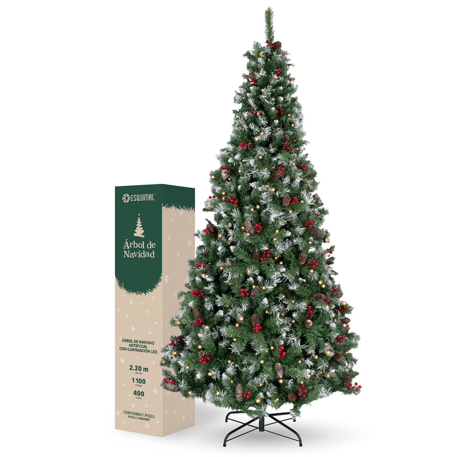 Árbol de Navidad Nevado Con Bayas Y Luces Led 2.2m - Verde para ESQUIMAL