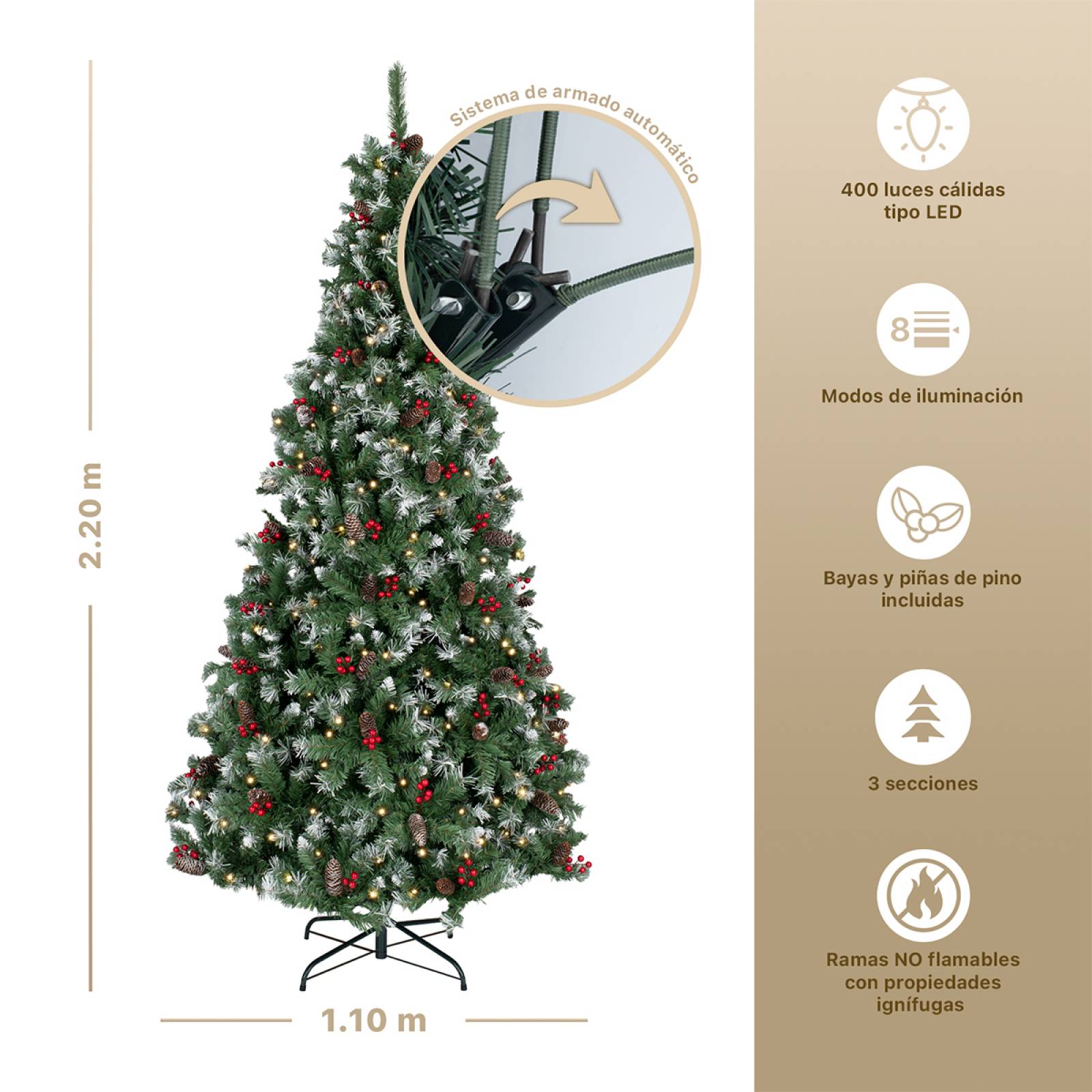 Árbol de Navidad Nevado Con Bayas Y Luces Led 2.2m - Verde para ESQUIMAL